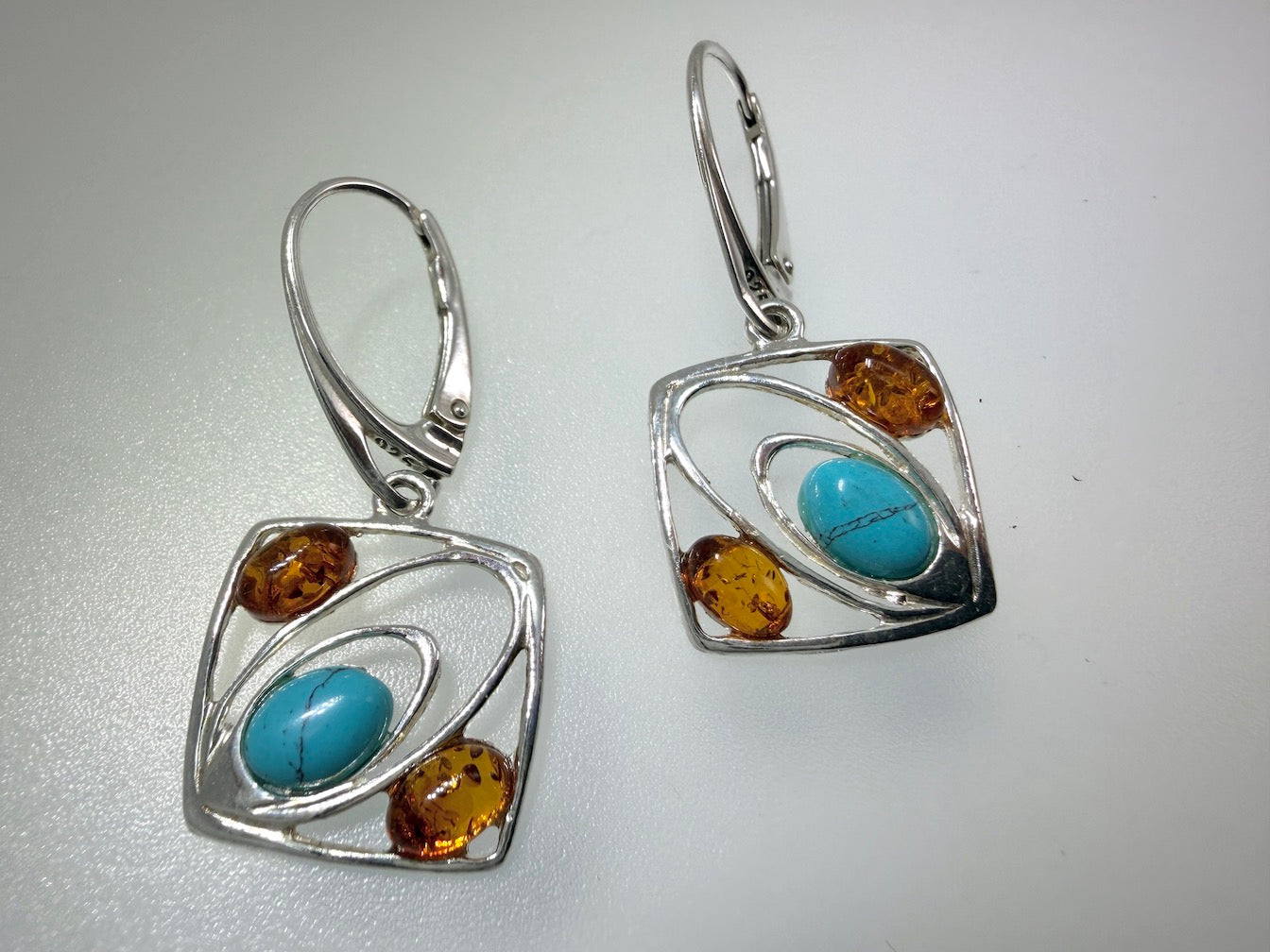 Handmade in Poland Sterling Silver & Cognac Baltic Amber Modern Drop Earrings – Square Design with Turquoise Accent