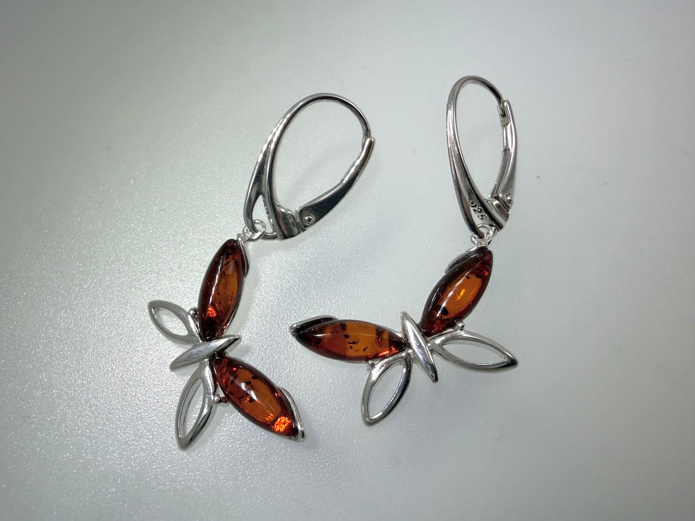 Handmade in Poland Sterling Silver & Genuine Baltic Amber Butterfly Earrings