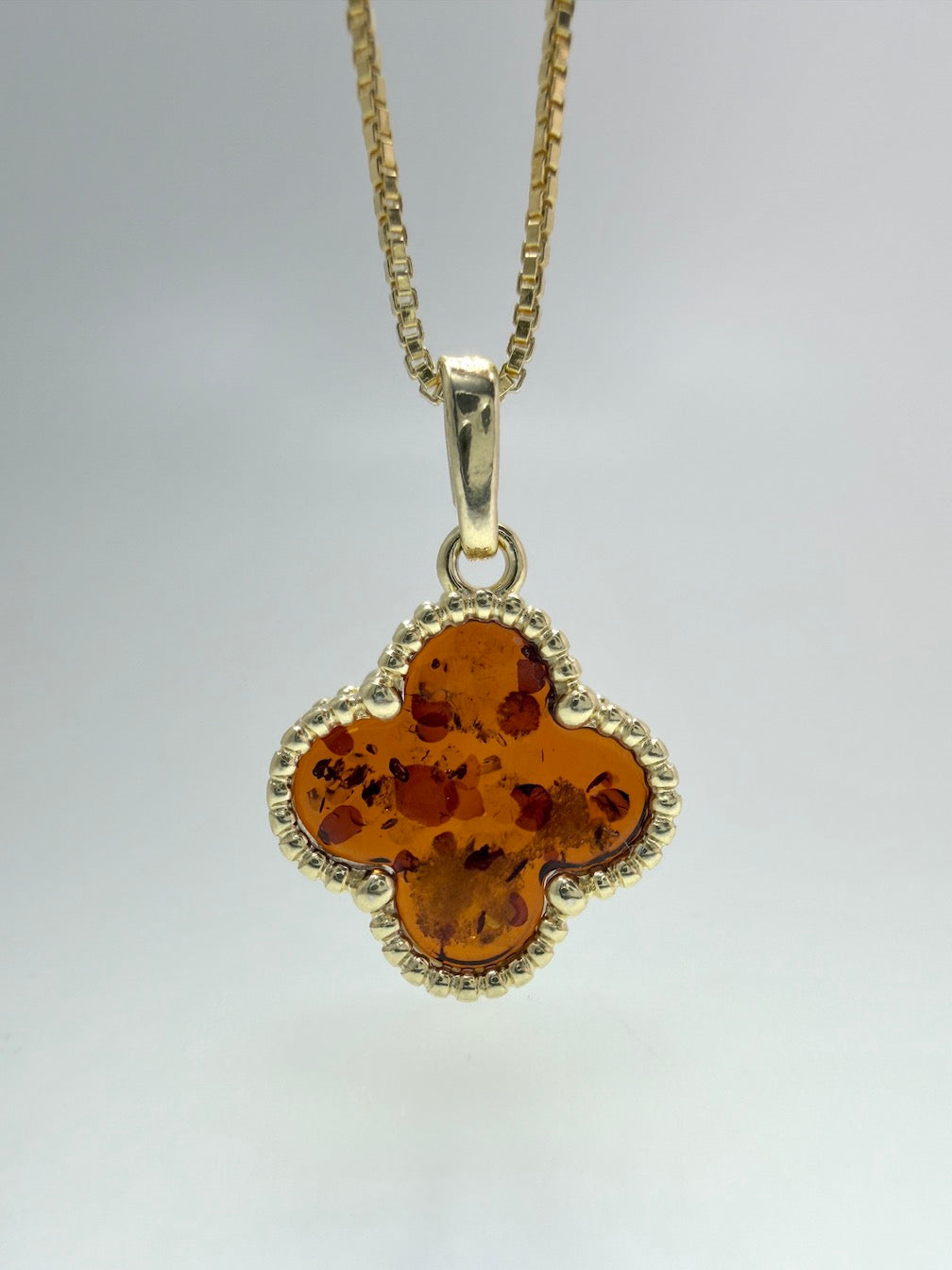 Handmade in Poland Sterling Silver & Genuine Baltic Amber Clover Necklace & Earrings Set