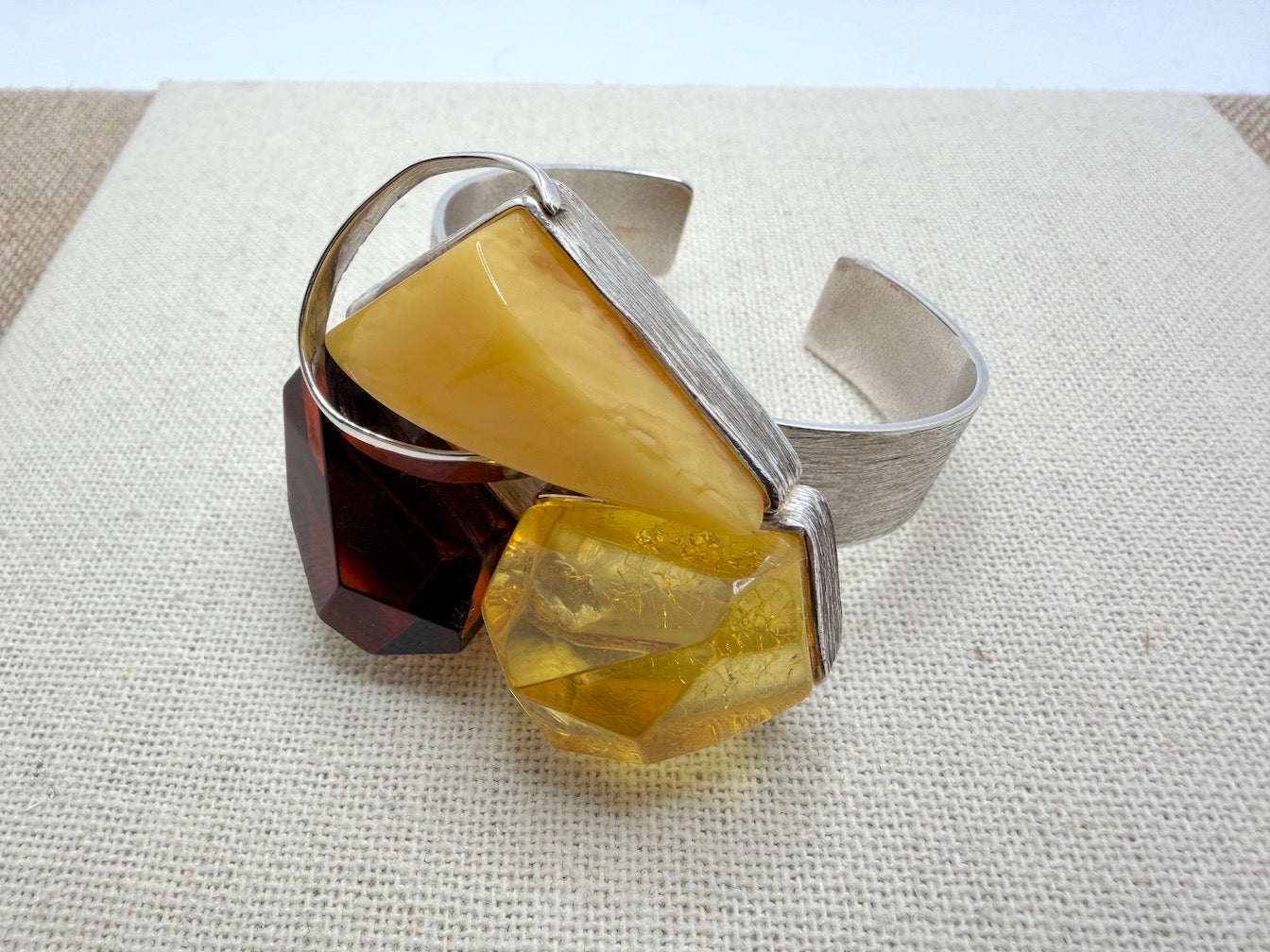 Handmade in Poland • Sterling Silver & Genuine Baltic Amber Modern Cuff Bracelet