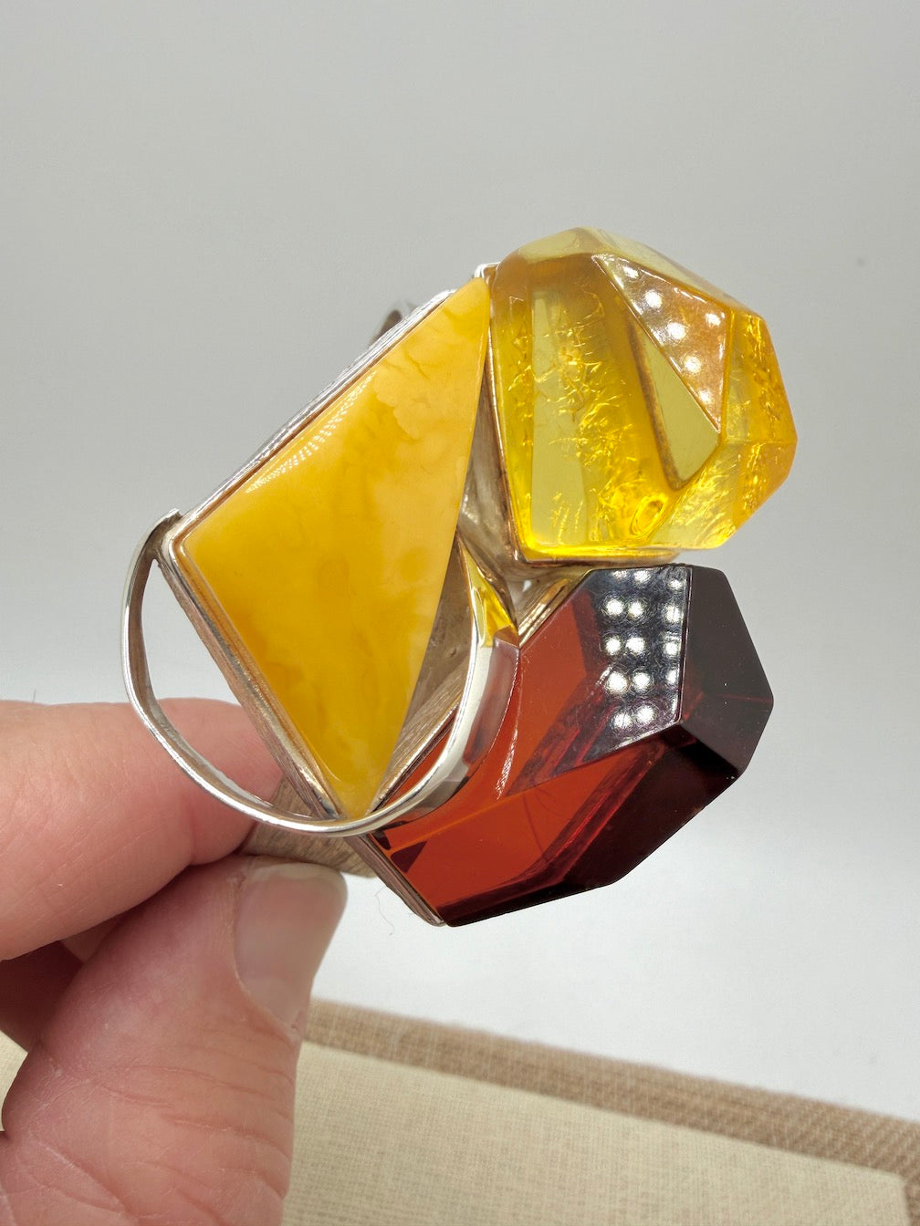 Handmade in Poland • Sterling Silver & Genuine Baltic Amber Modern Cuff Bracelet