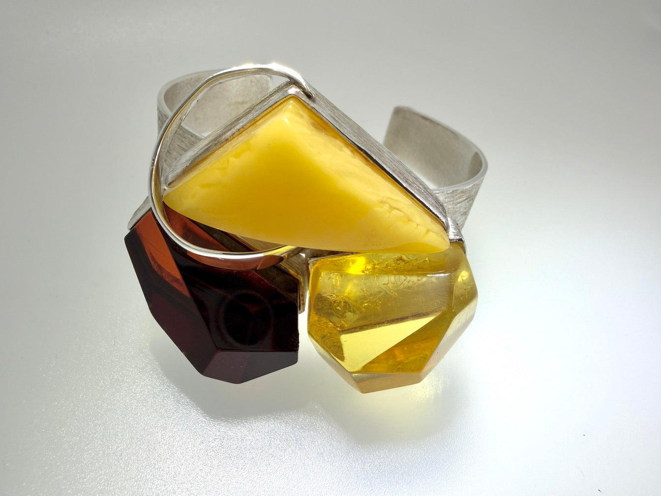 Handmade in Poland • Sterling Silver & Genuine Baltic Amber Modern Cuff Bracelet