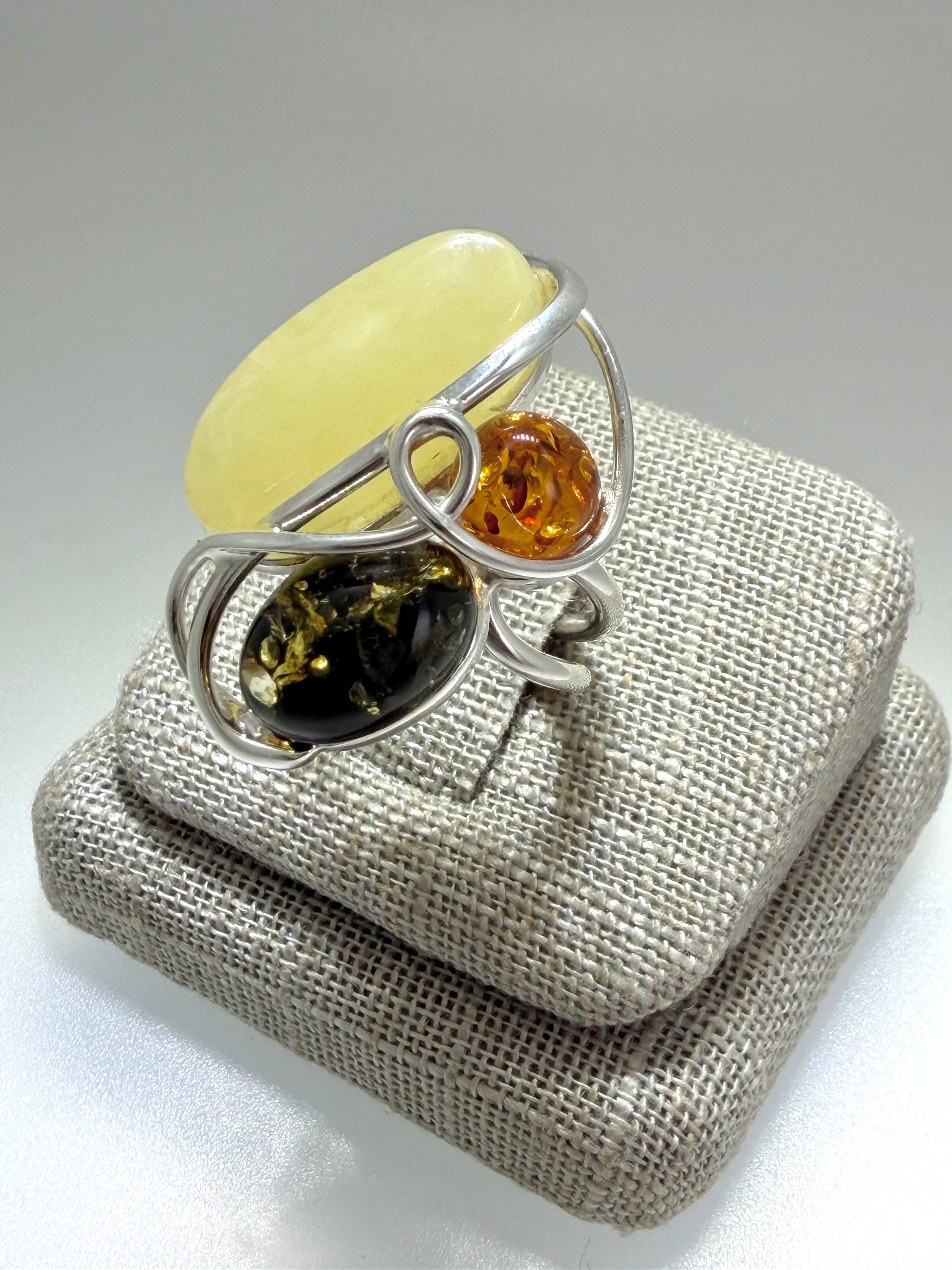 Sterling Silver & Genuine Baltic Amber Organic Swirl Ring
