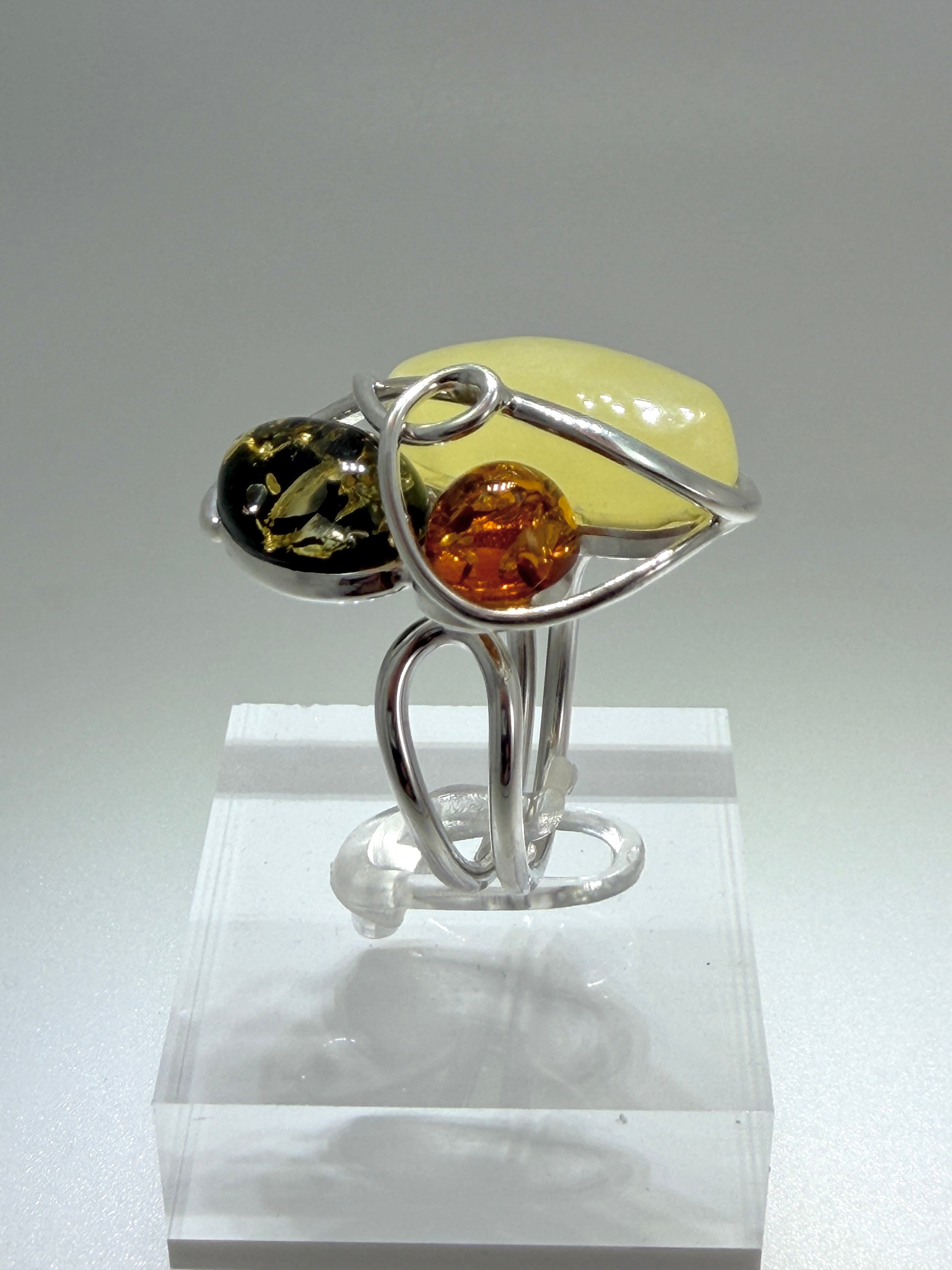 Sterling Silver & Genuine Baltic Amber Organic Swirl Ring