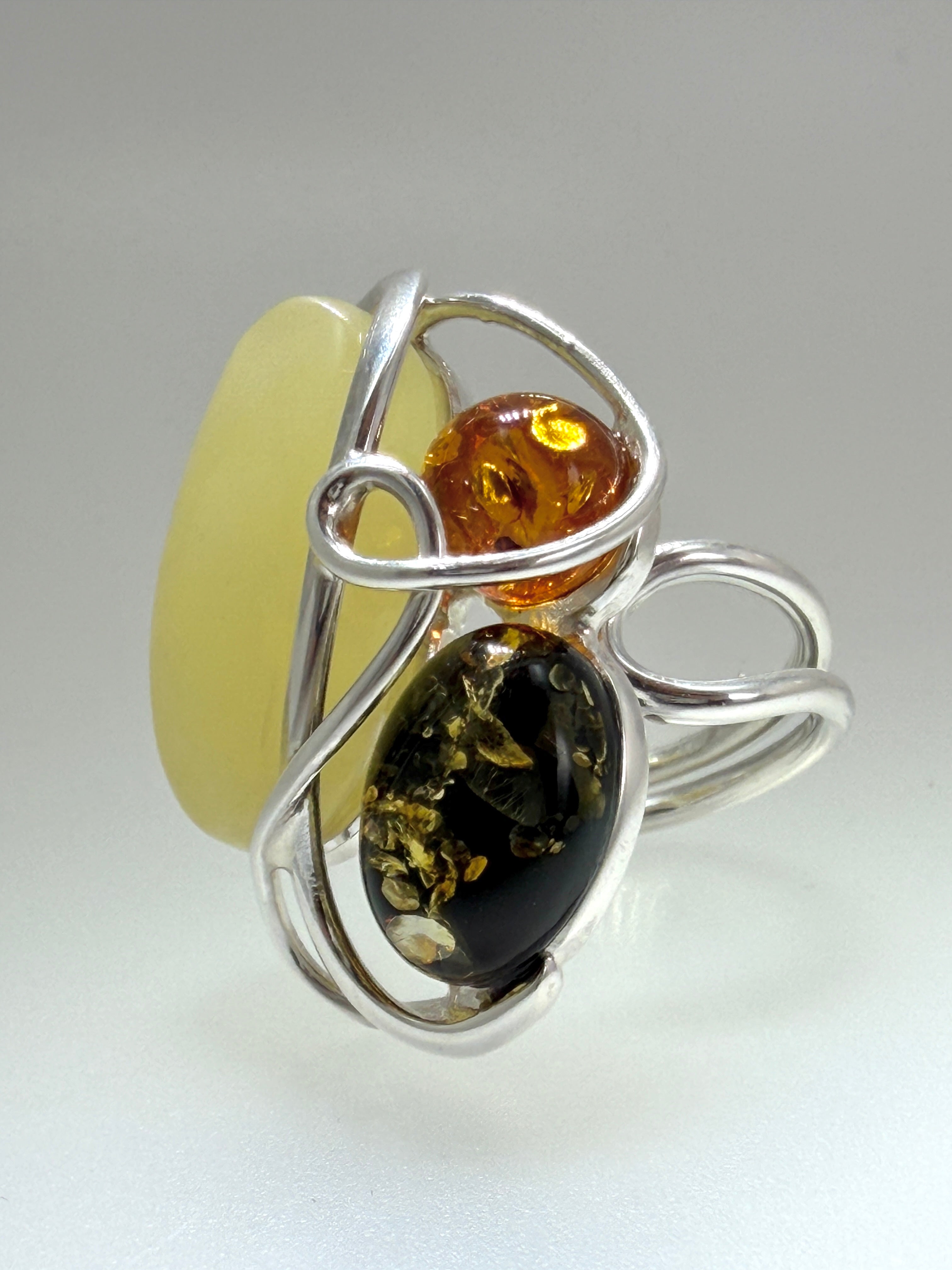 Sterling Silver & Genuine Baltic Amber Organic Swirl Ring