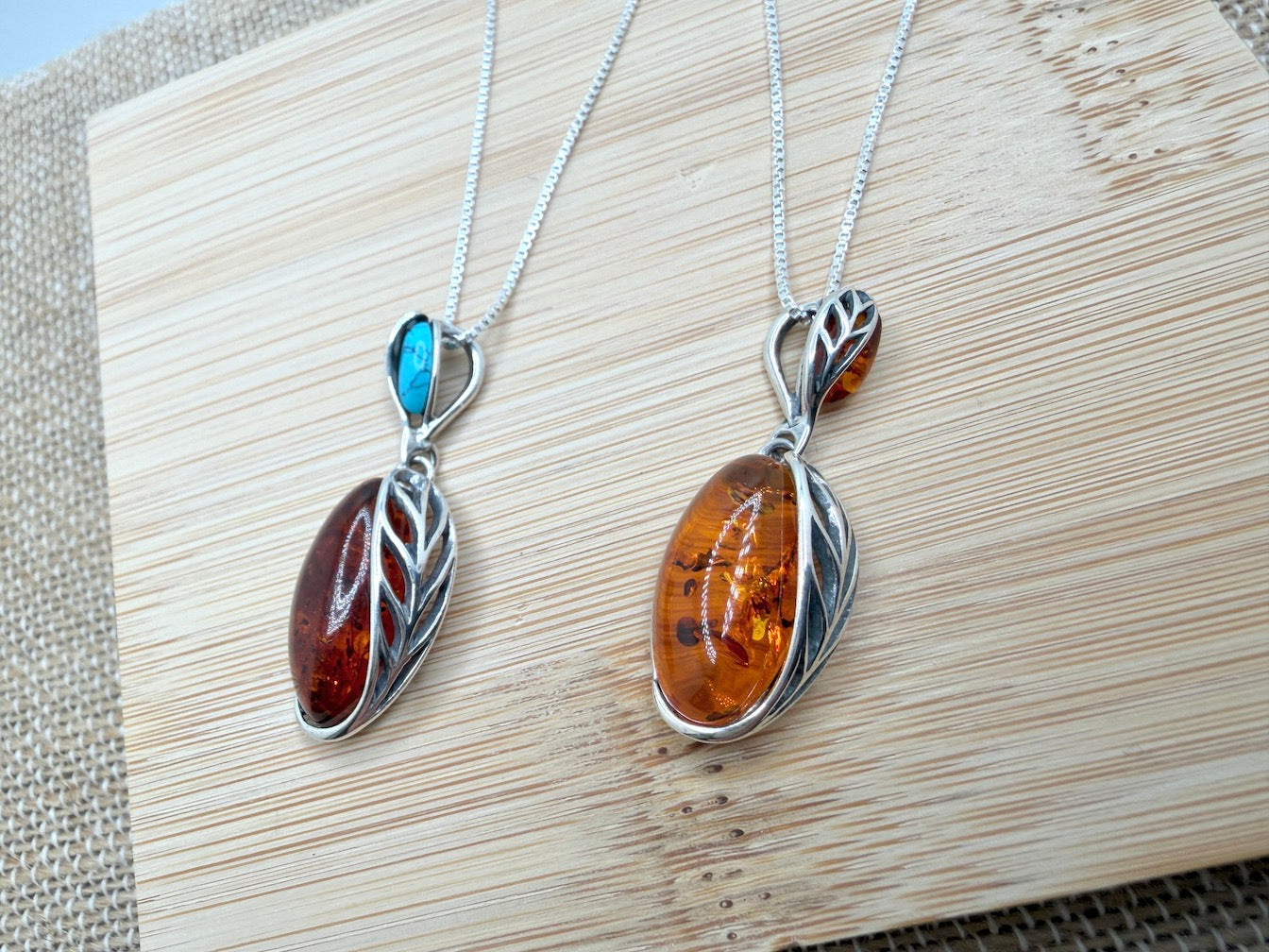 Handmade in Poland – Sterling Silver & Genuine Baltic Amber Pendant Necklace