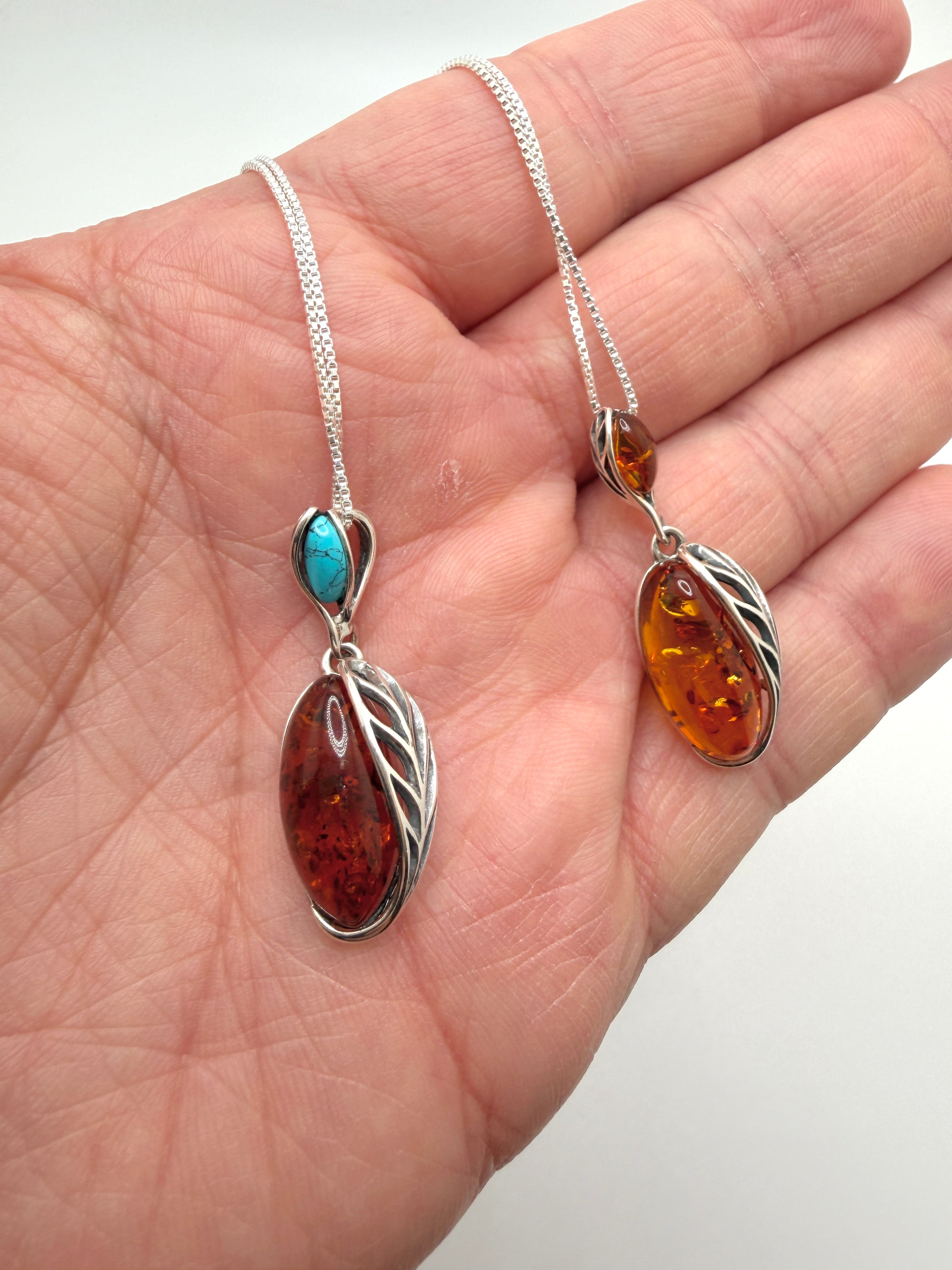 Handmade in Poland – Sterling Silver & Genuine Baltic Amber Pendant Necklace