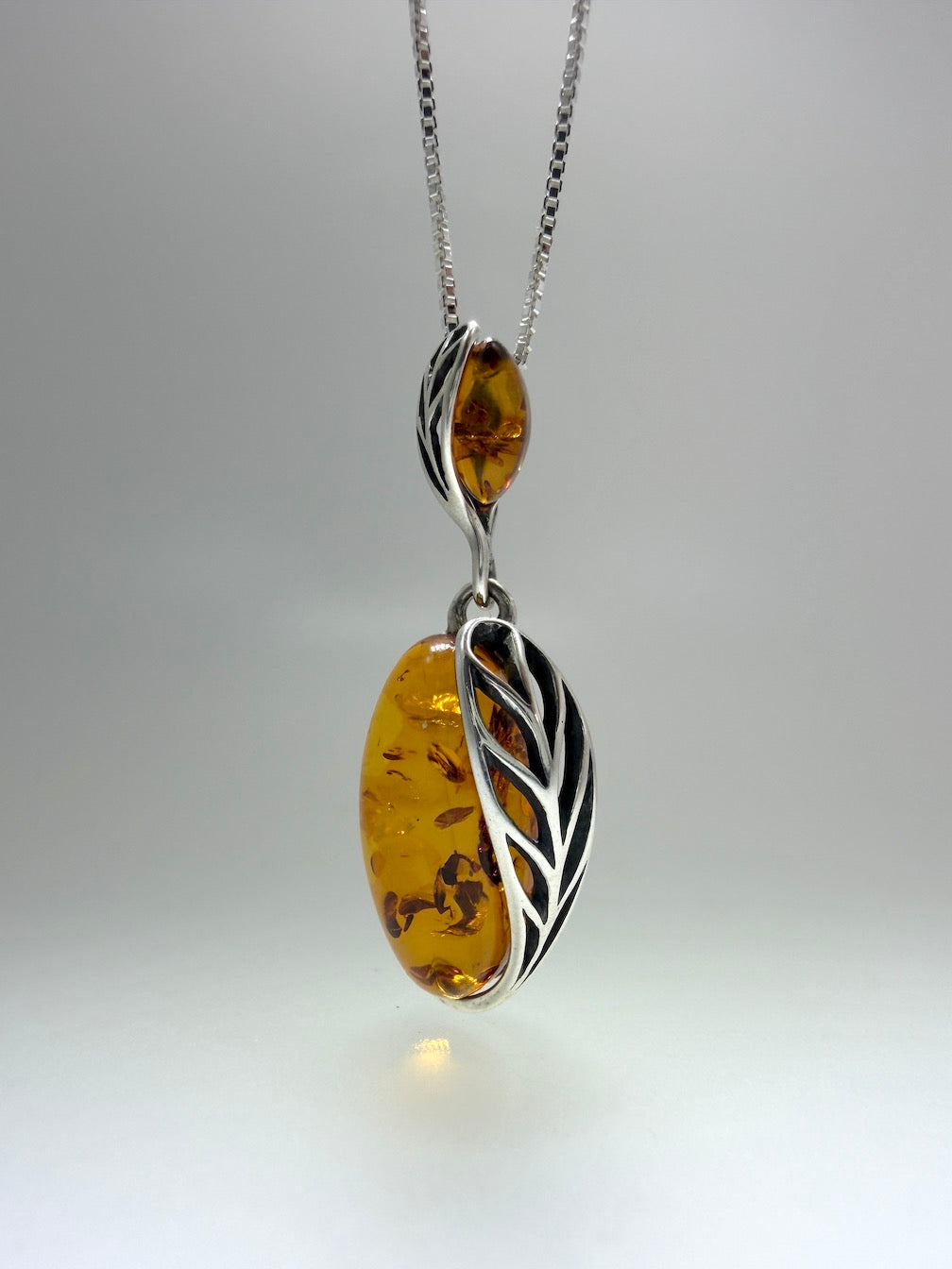 Handmade in Poland – Sterling Silver & Genuine Baltic Amber Pendant Necklace