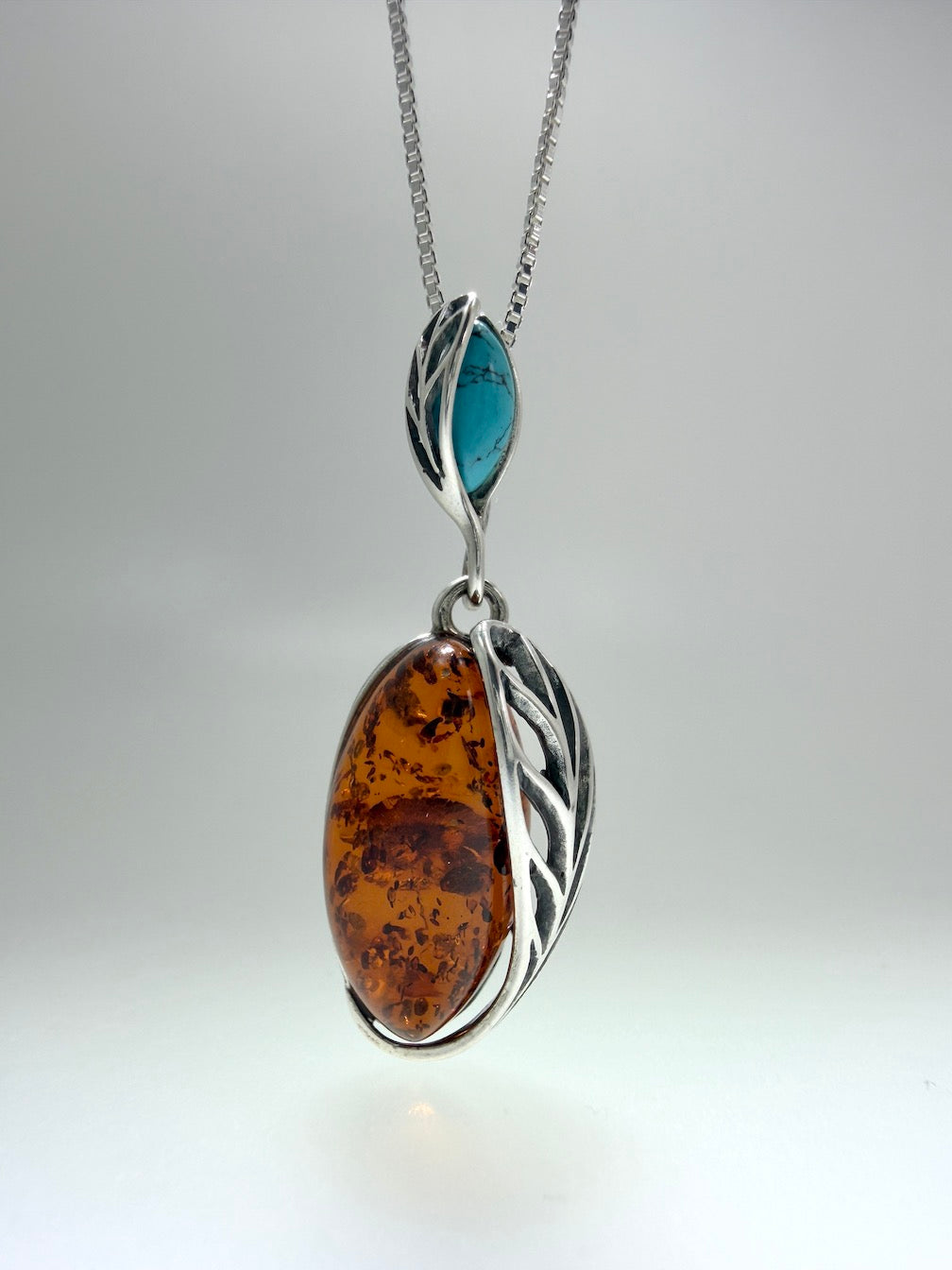 Handmade in Poland – Sterling Silver & Genuine Baltic Amber Pendant Necklace
