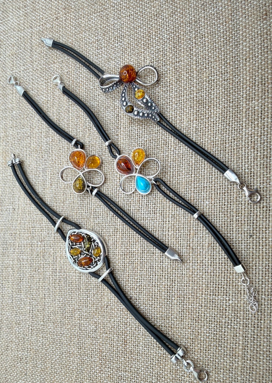 Handmade in Poland – Sterling Silver & Genuine Baltic Amber Silicone Rubber Band Bracelets