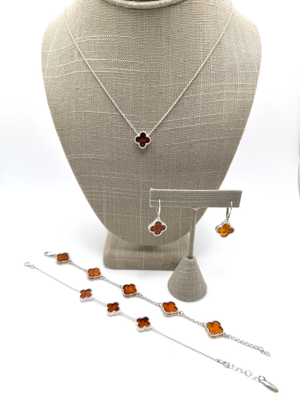 Handmade in Poland • Sterling Silver & Genuine Cognac Baltic Amber Clover Jewelry Set