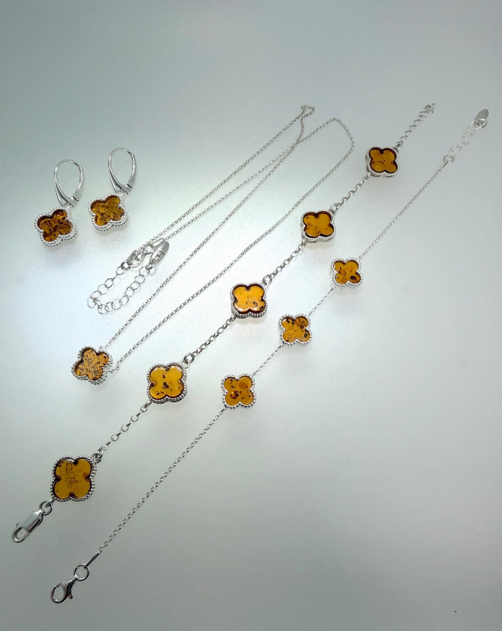 Handmade in Poland • Sterling Silver & Genuine Cognac Baltic Amber Clover Jewelry Set