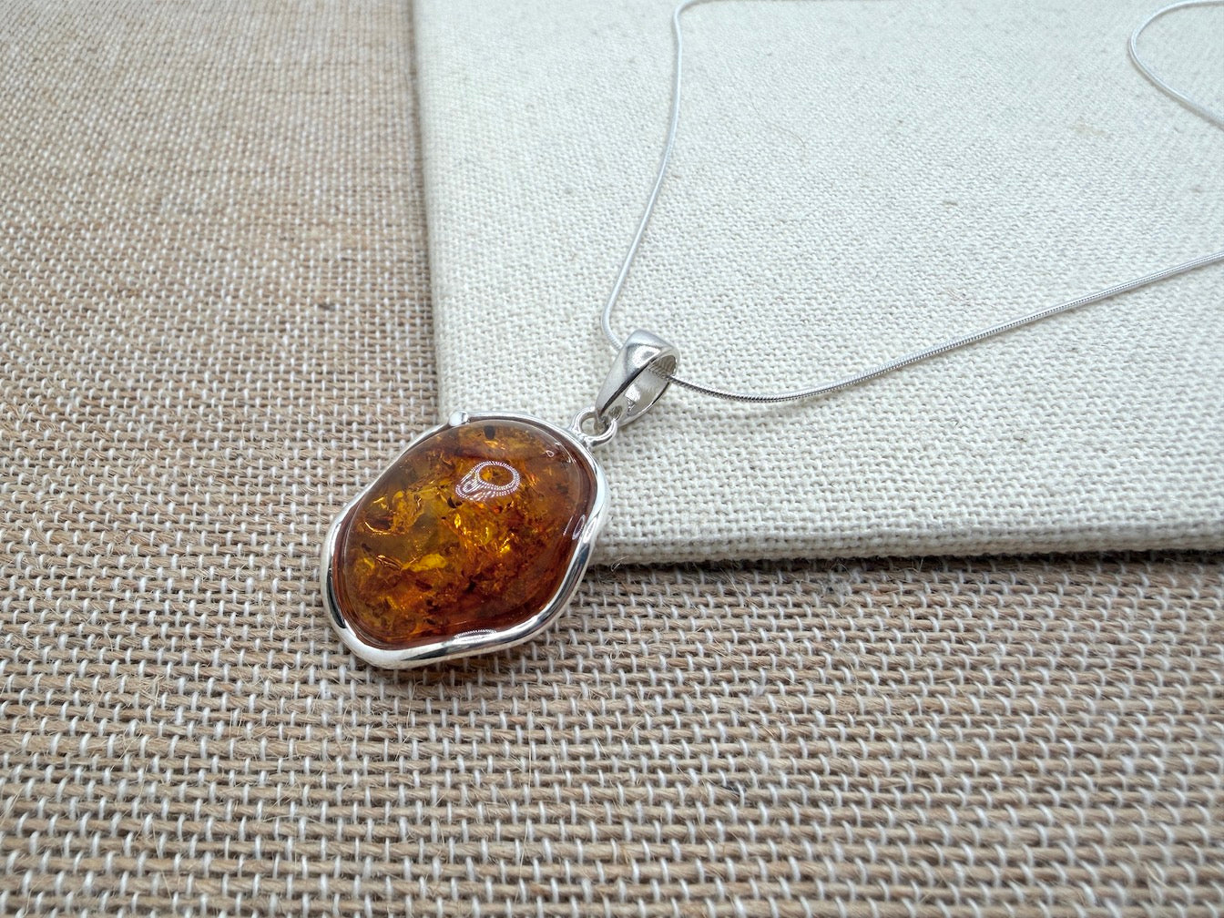 Honey Baltic Amber Handmade Oval Pendant on Sterling Silver Snake Chain