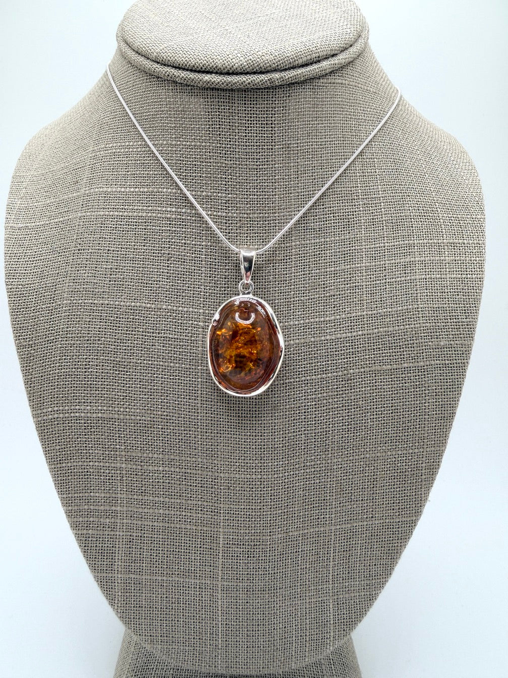 Honey Baltic Amber Handmade Oval Pendant on Sterling Silver Snake Chain