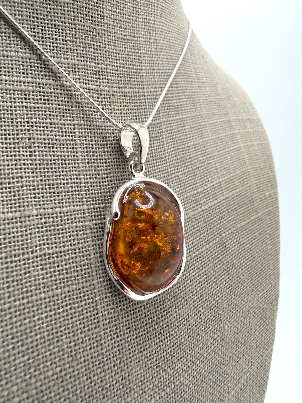 Honey Baltic Amber Handmade Oval Pendant on Sterling Silver Snake Chain