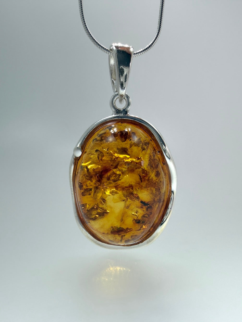 Honey Baltic Amber Handmade Oval Pendant on Sterling Silver Snake Chain