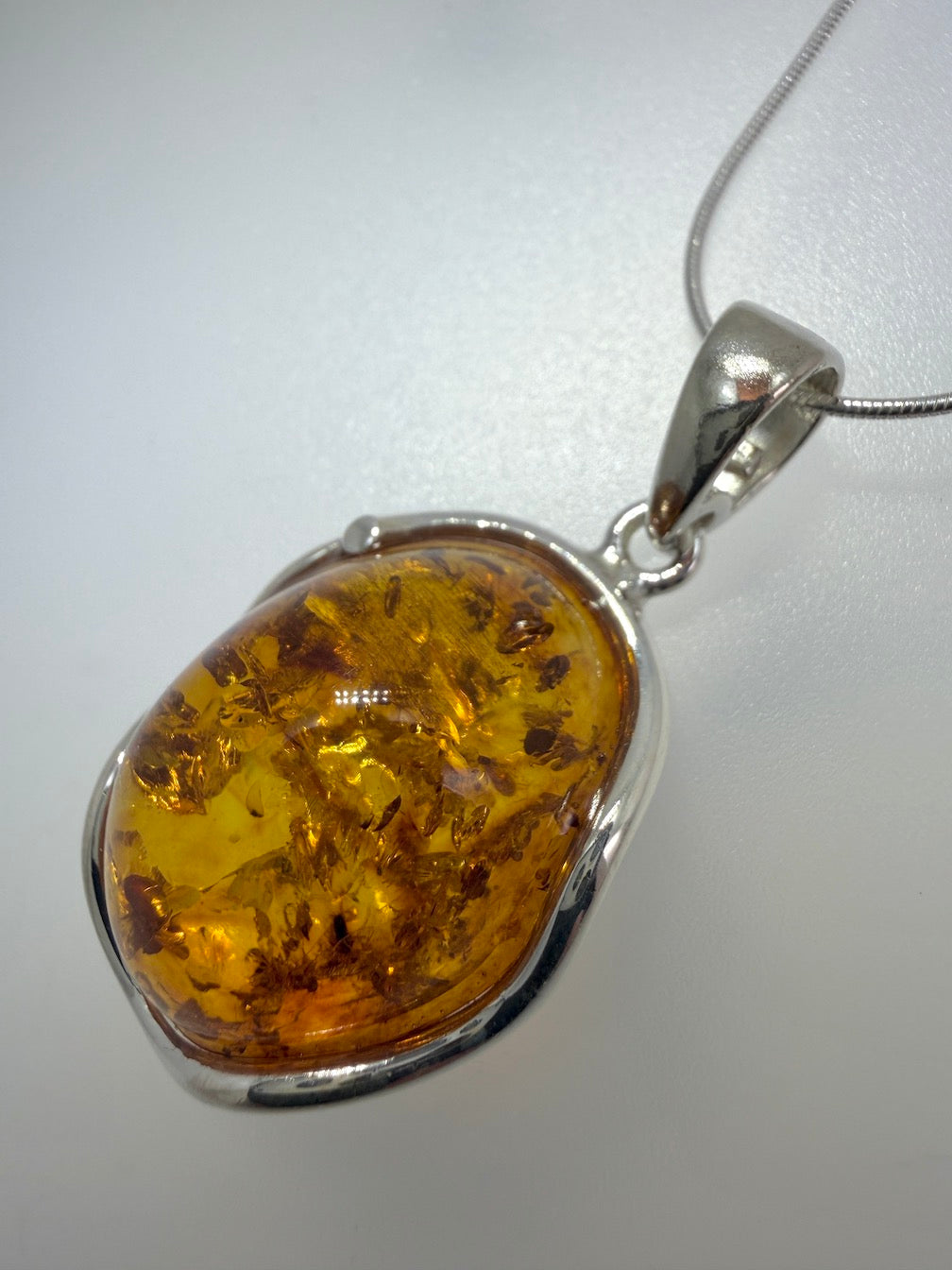Honey Baltic Amber Handmade Oval Pendant on Sterling Silver Snake Chain