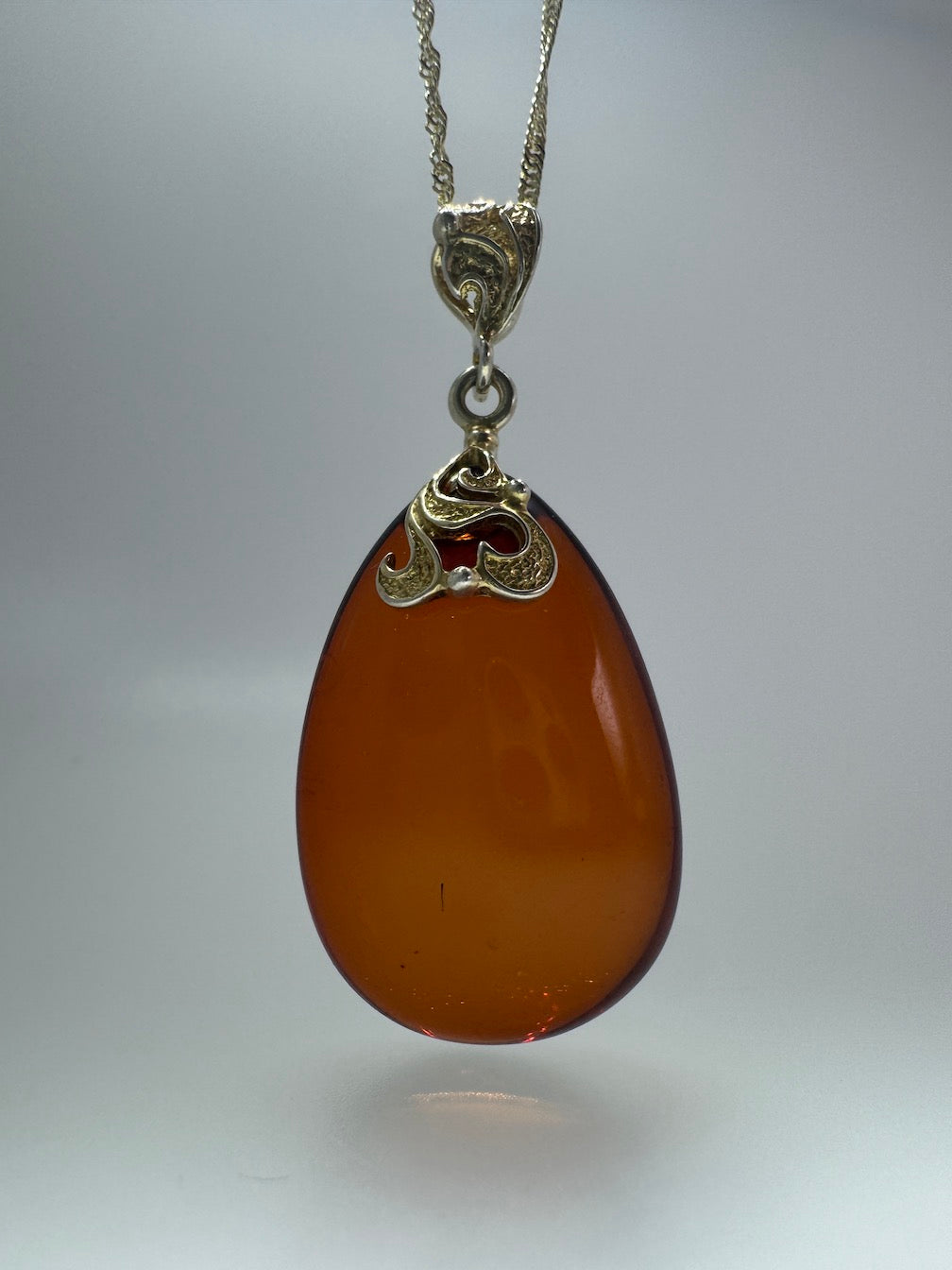 Honey Baltic Amber Pendant in Gold Plated Sterling Silver Filigree | 18” Twisted Box Chain | Elegant Baltic Amber Necklace