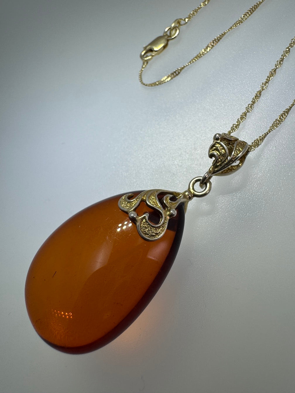Honey Baltic Amber Pendant in Gold Plated Sterling Silver Filigree | 18” Twisted Box Chain | Elegant Baltic Amber Necklace