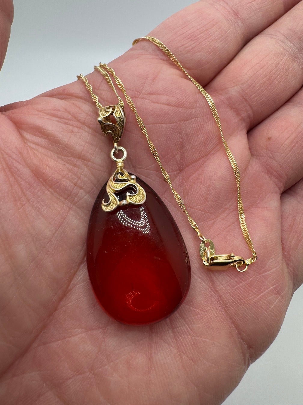 Honey Baltic Amber Pendant in Gold Plated Sterling Silver Filigree | 18” Twisted Box Chain | Elegant Baltic Amber Necklace