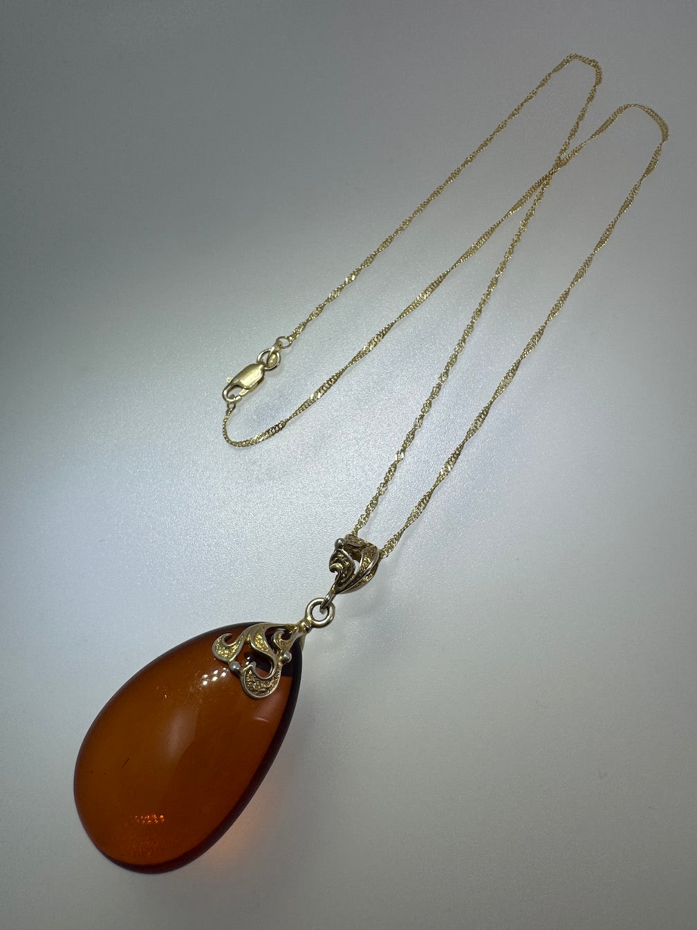 Honey Baltic Amber Pendant in Gold Plated Sterling Silver Filigree | 18” Twisted Box Chain | Elegant Baltic Amber Necklace