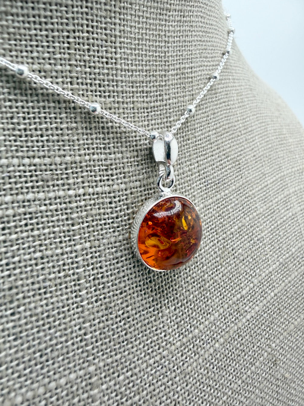 Honey Baltic Amber Round Pendant — Sterling Silver • Handmade in Poland