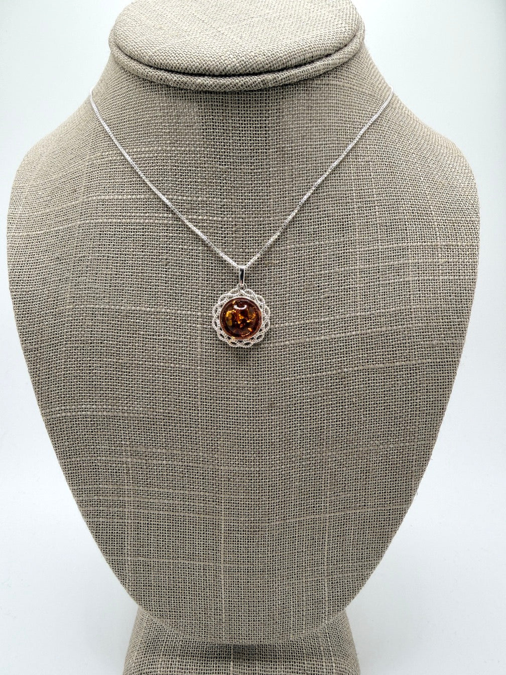 Honey Baltic Amber Round Pendant on Sterling Silver Chain