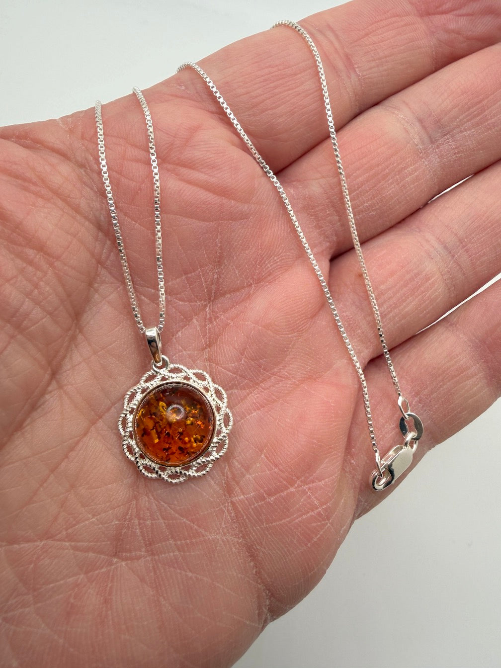 Honey Baltic Amber Round Pendant on Sterling Silver Chain