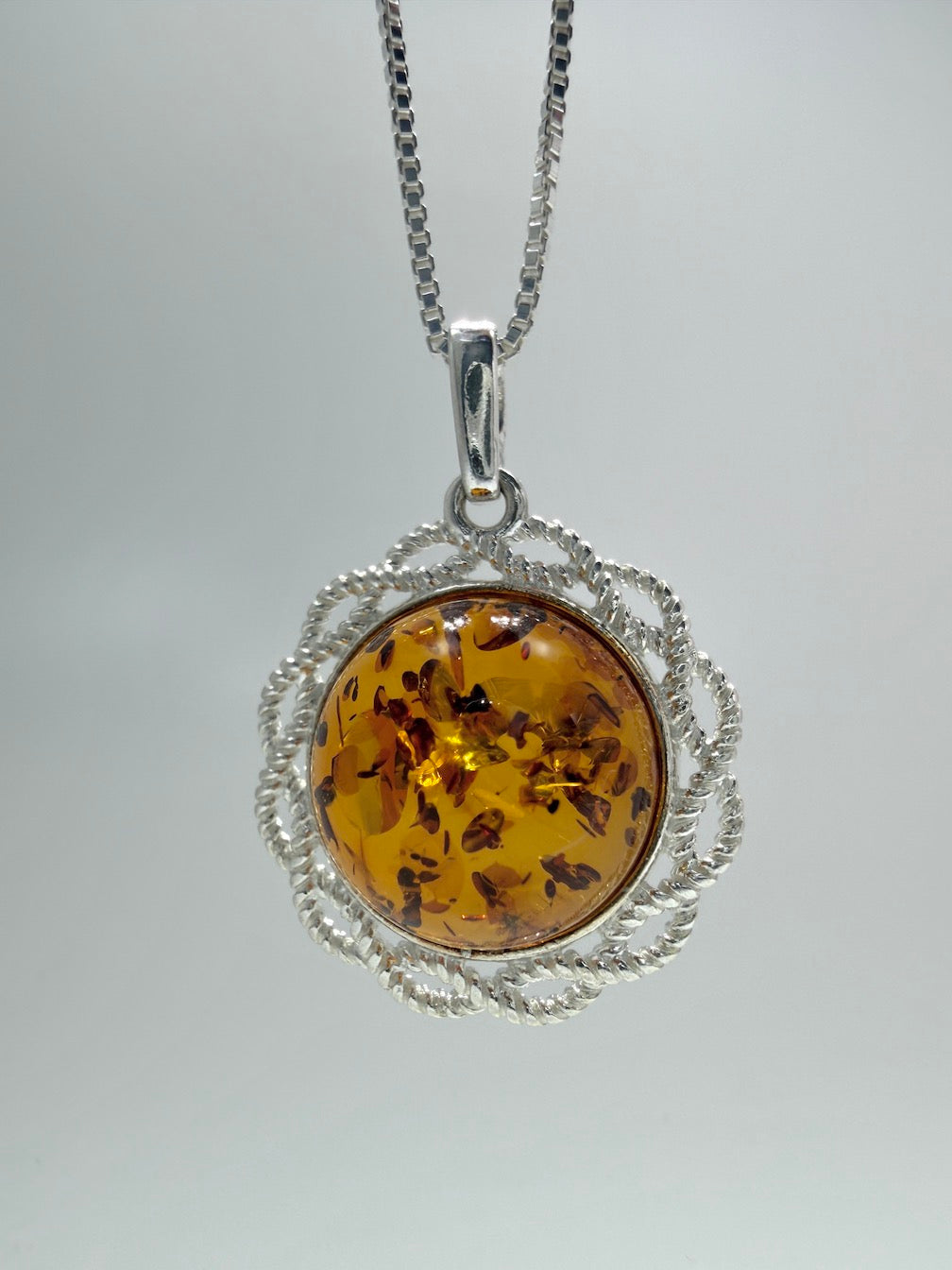 Honey Baltic Amber Round Pendant on Sterling Silver Chain