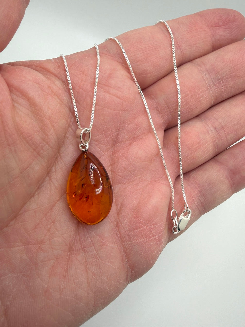 Honey Baltic Amber Teardrop Pendant – Sterling Silver Box Chain – Genuine Baltic Amber Necklace – Perfectly Polished – Everyday Layering Necklace – Handmade Amber Jewelry