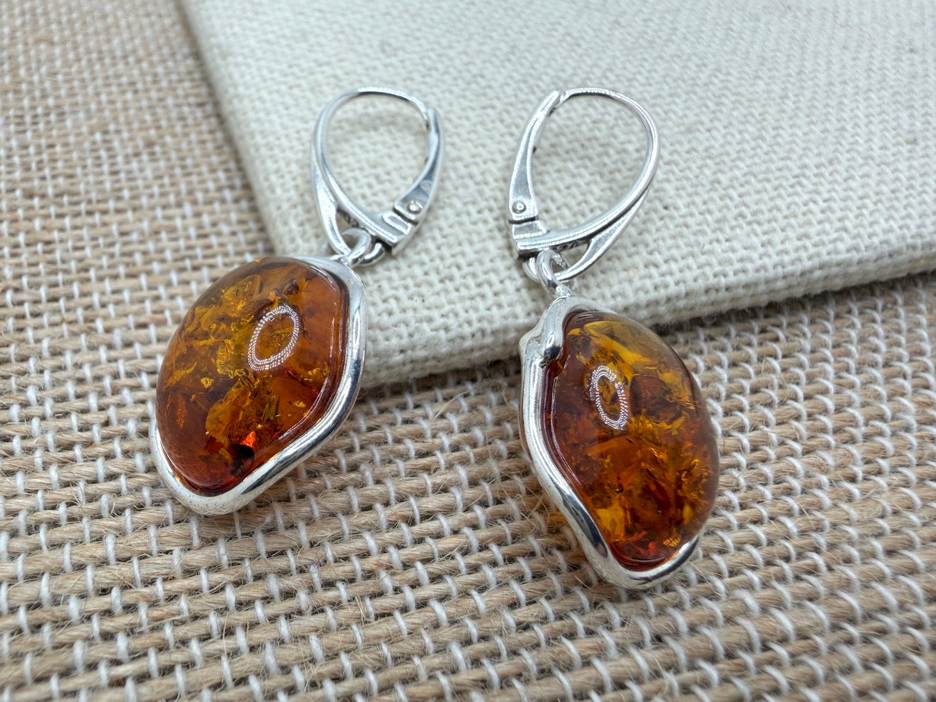 Honey Cognac Baltic Amber Dangle Lever Back Earrings