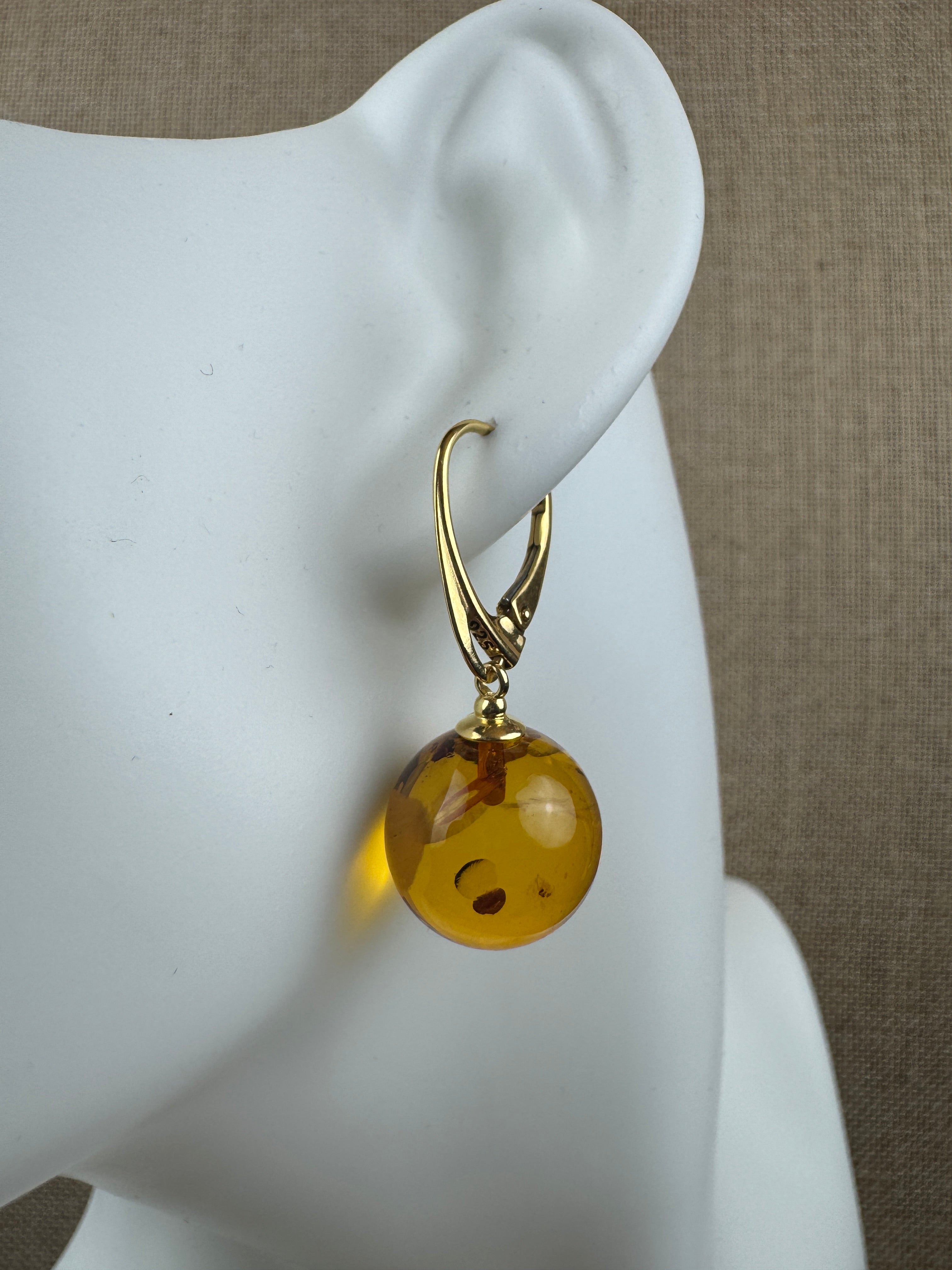 Honey Cognac Baltic Amber Gold Plated Sterling Silver Lever Back Ball Earrings