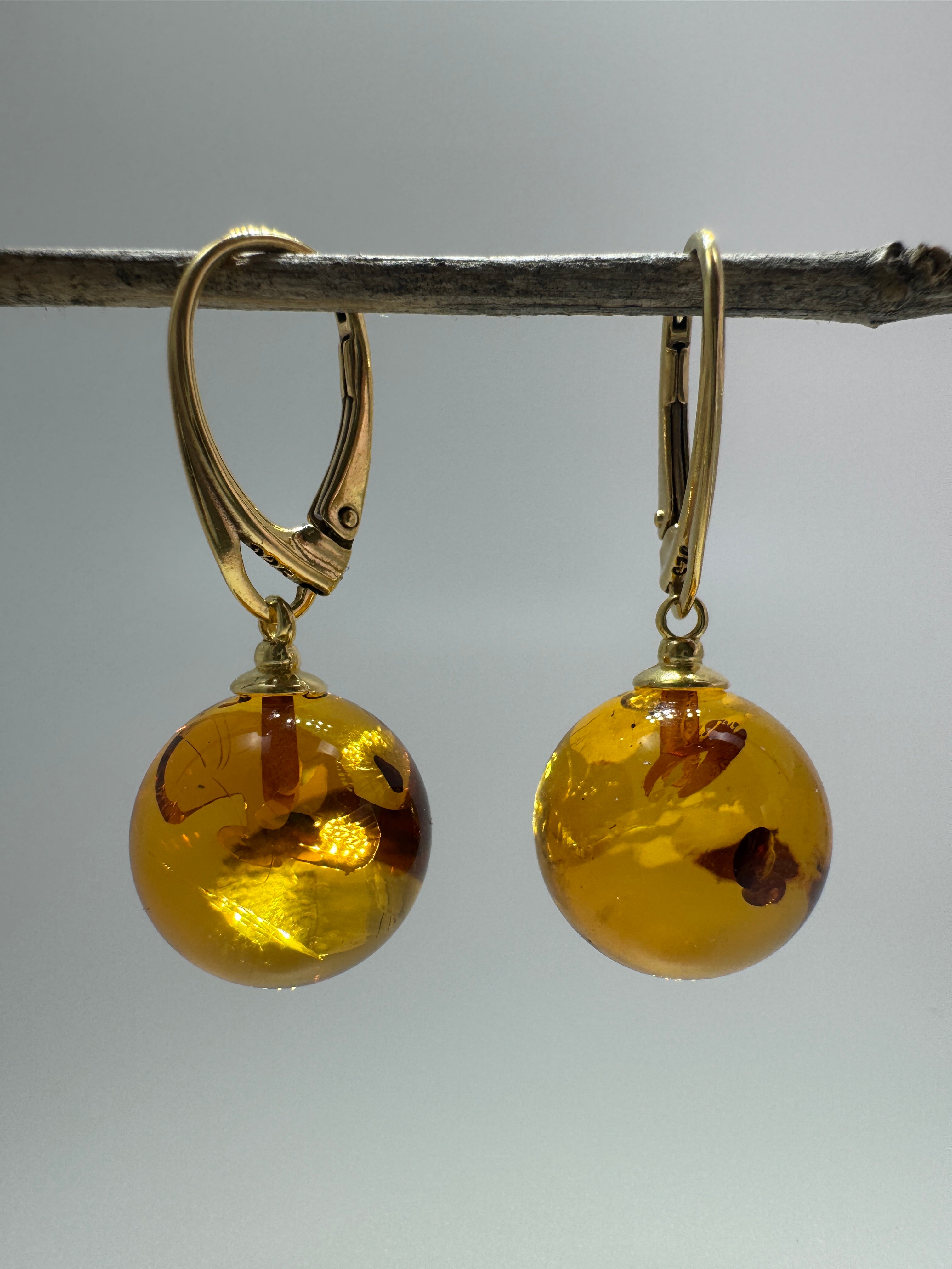 Honey Cognac Baltic Amber Gold Plated Sterling Silver Lever Back Ball Earrings
