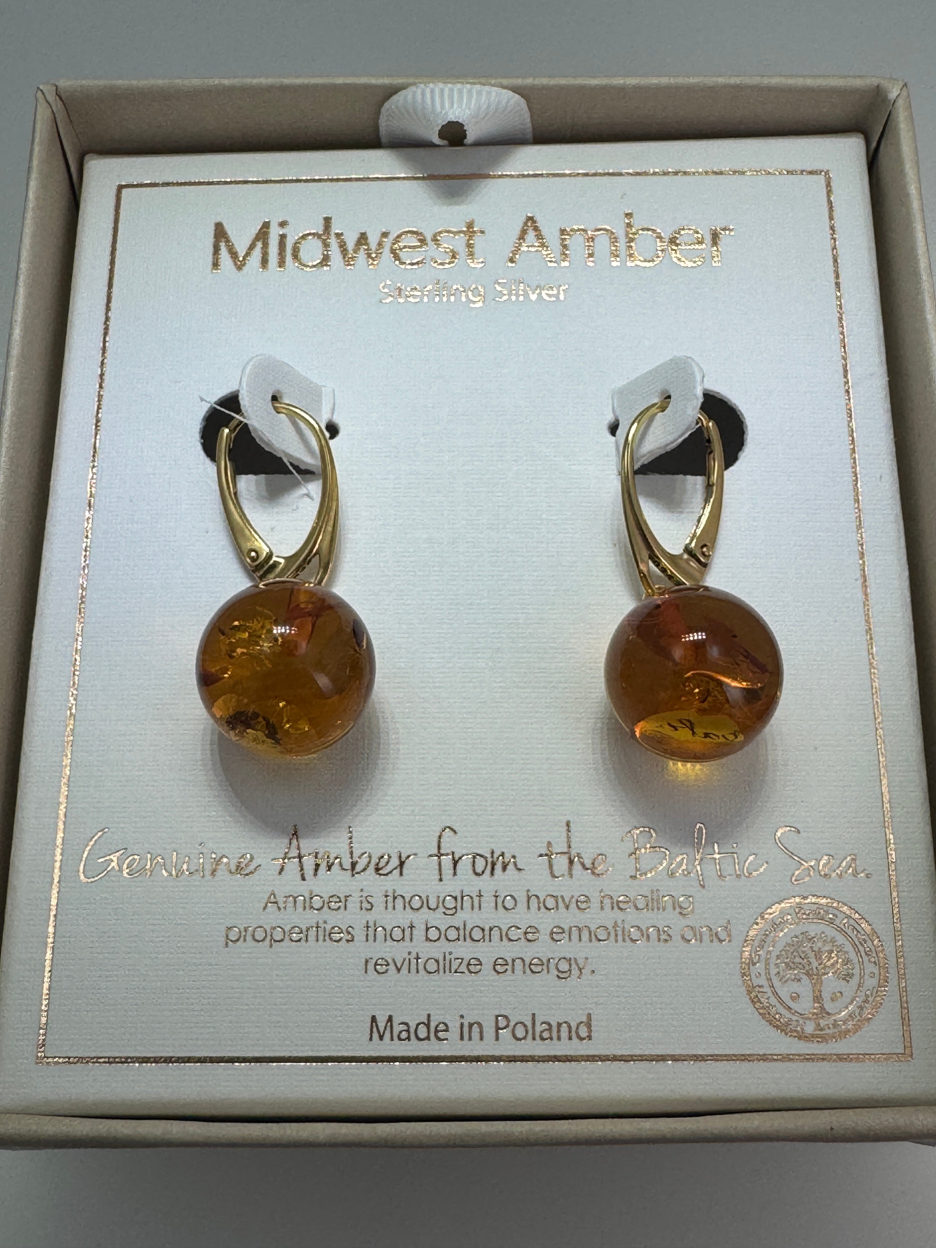 Honey Cognac Baltic Amber Gold Plated Sterling Silver Lever Back Ball Earrings