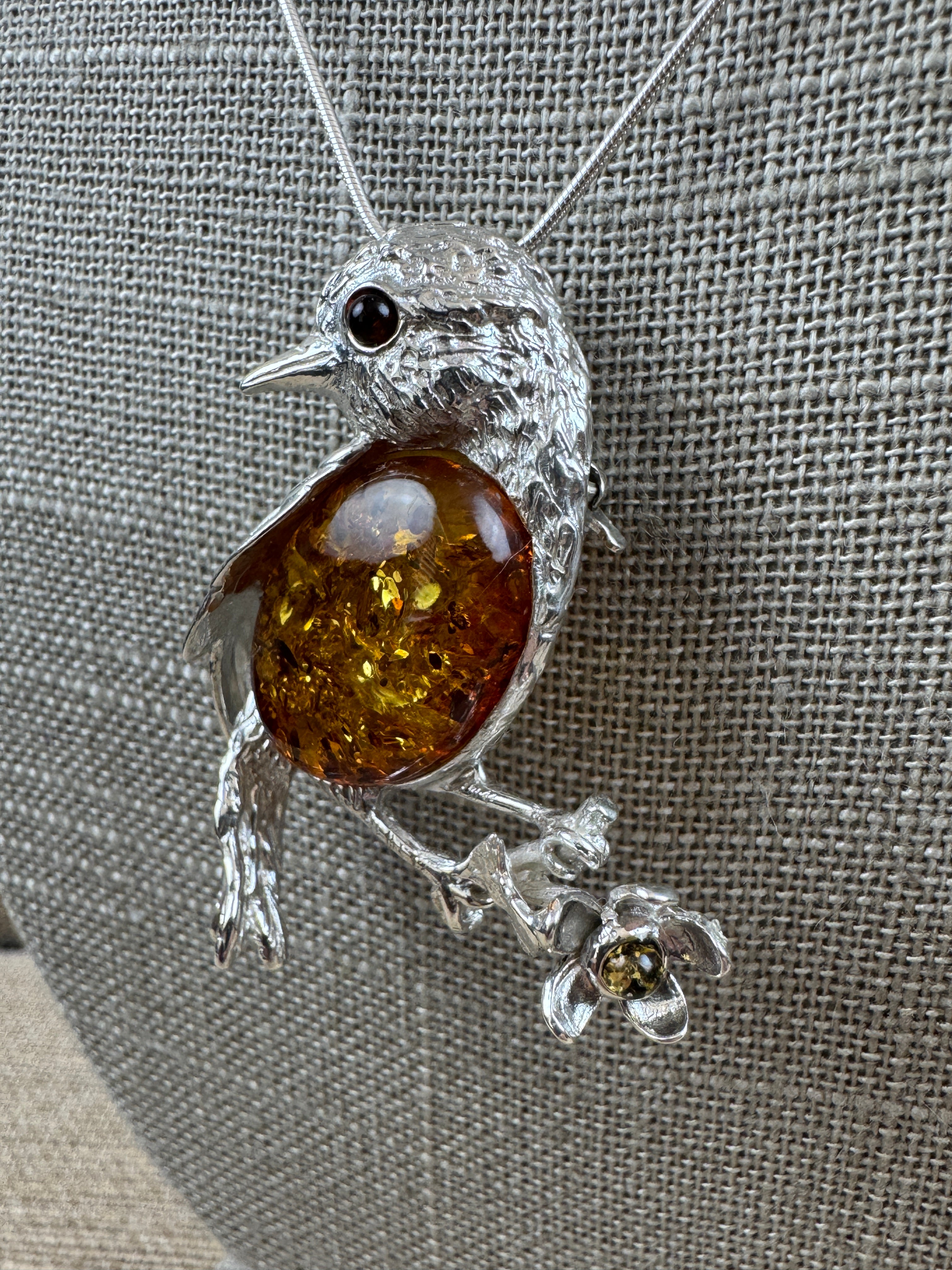Sterling Silver Baltic Amber Bird Pendant Brooch – Cognac or Butterscotch Cabochon & Gold-Plated Accents