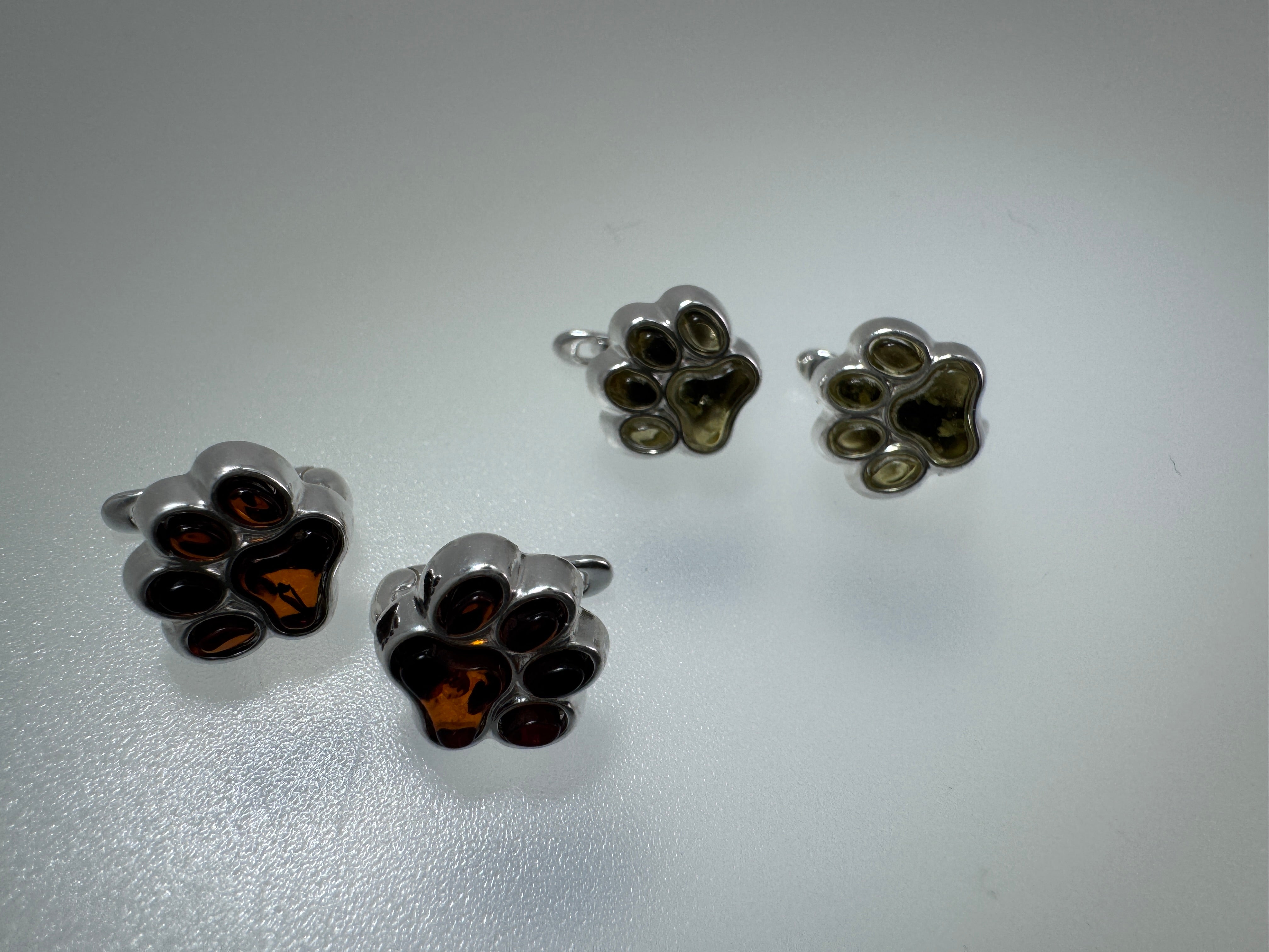 Sterling Silver Baltic Amber Dog Paw Earrings with English Lock | Handmade in Poland – Cognac or Green