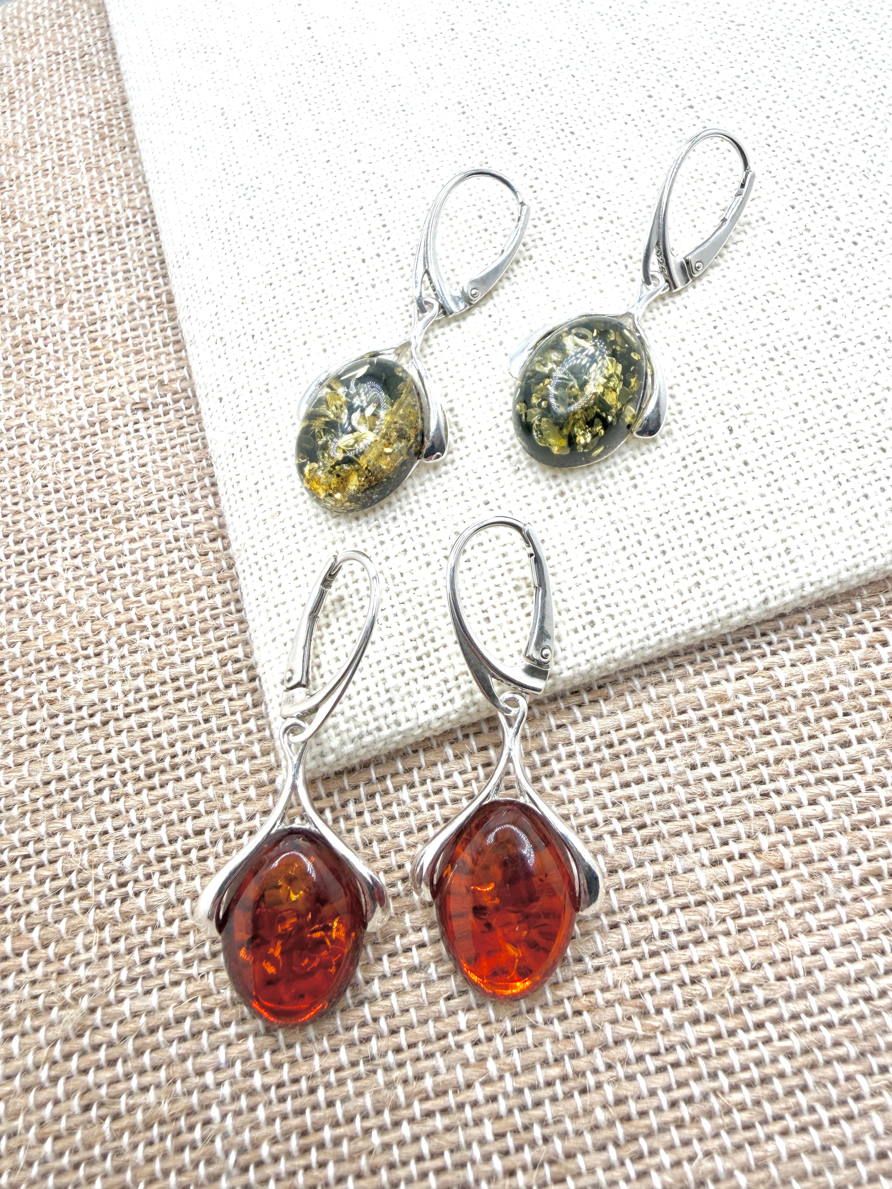 Sterling Silver Baltic Amber Star & Ribbon Drop Lever Back Earrings | Cognac or Green Amber | Elegant Lightweight Dangle Jewelry