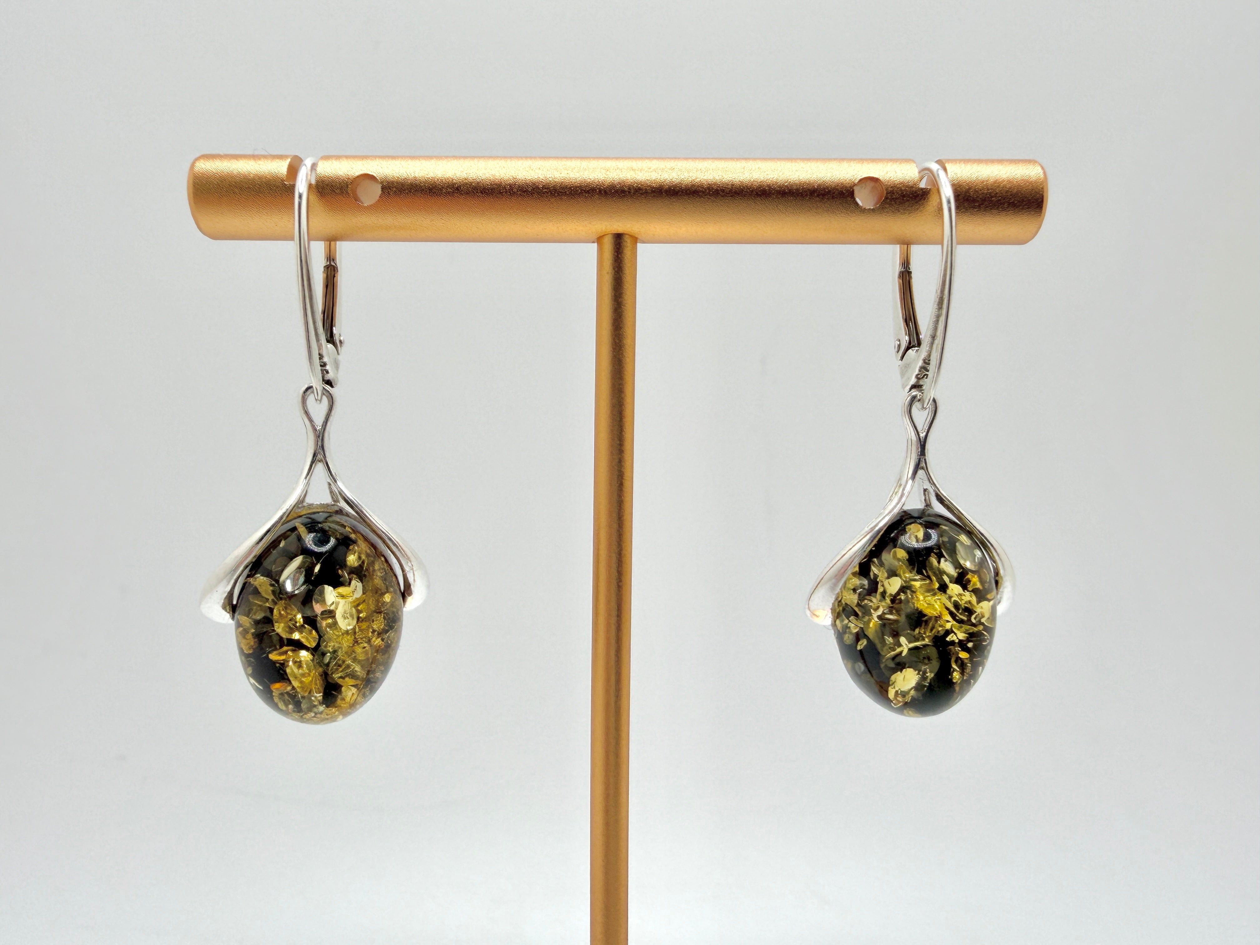Sterling Silver Baltic Amber Star & Ribbon Drop Lever Back Earrings | Cognac or Green Amber | Elegant Lightweight Dangle Jewelry