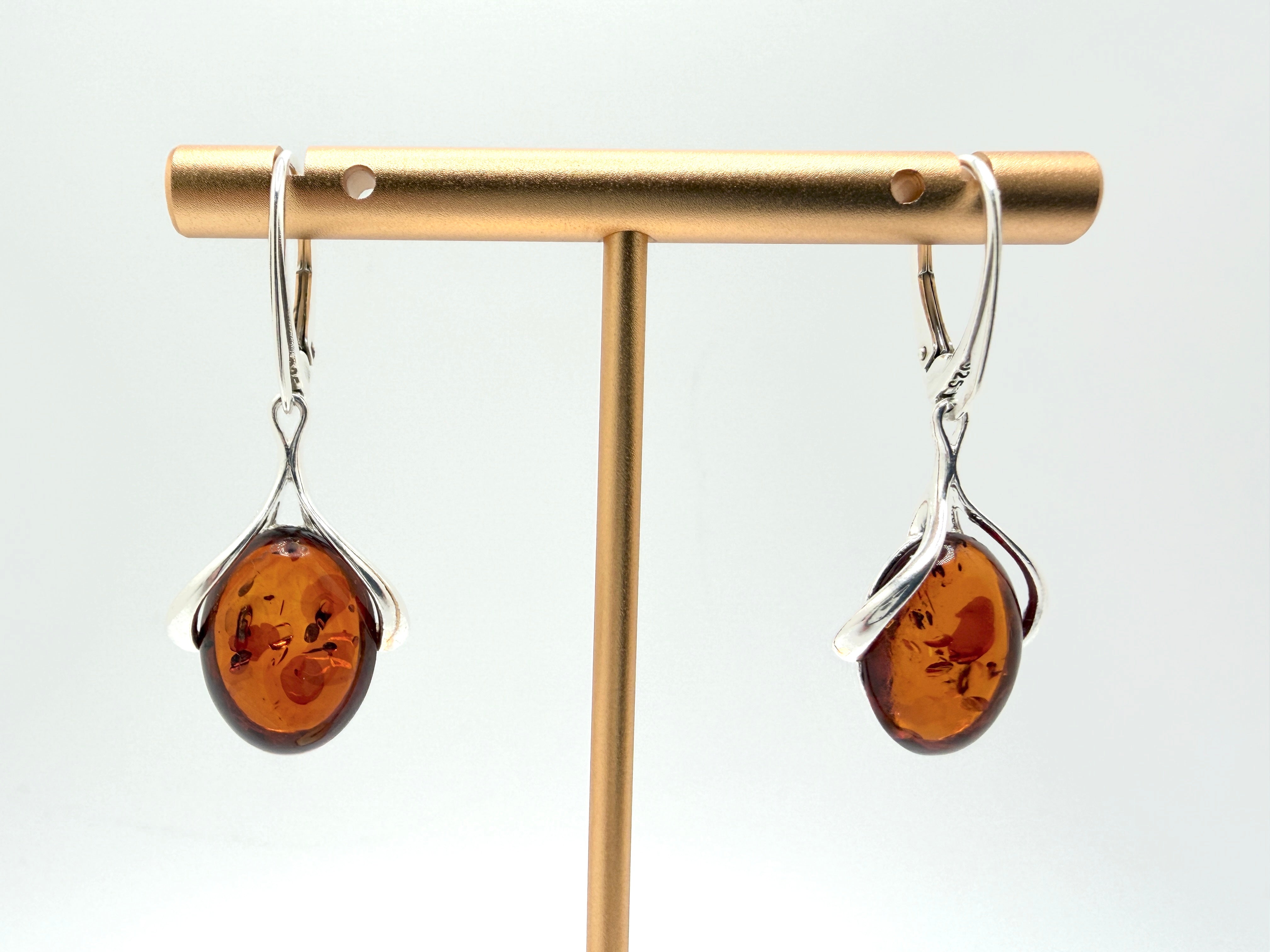 Sterling Silver Baltic Amber Star & Ribbon Drop Lever Back Earrings | Cognac or Green Amber | Elegant Lightweight Dangle Jewelry