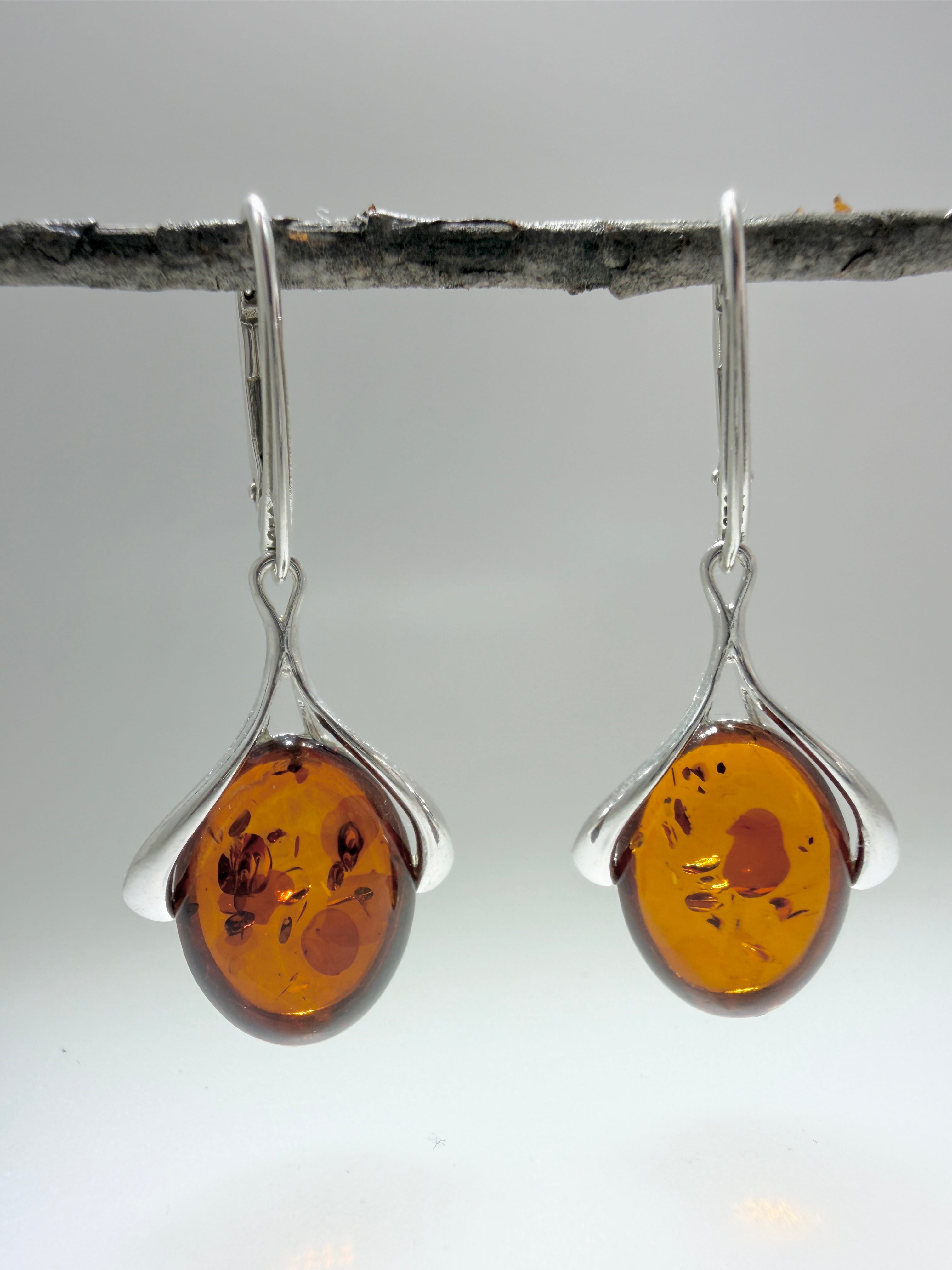 Sterling Silver Baltic Amber Star & Ribbon Drop Lever Back Earrings | Cognac or Green Amber | Elegant Lightweight Dangle Jewelry
