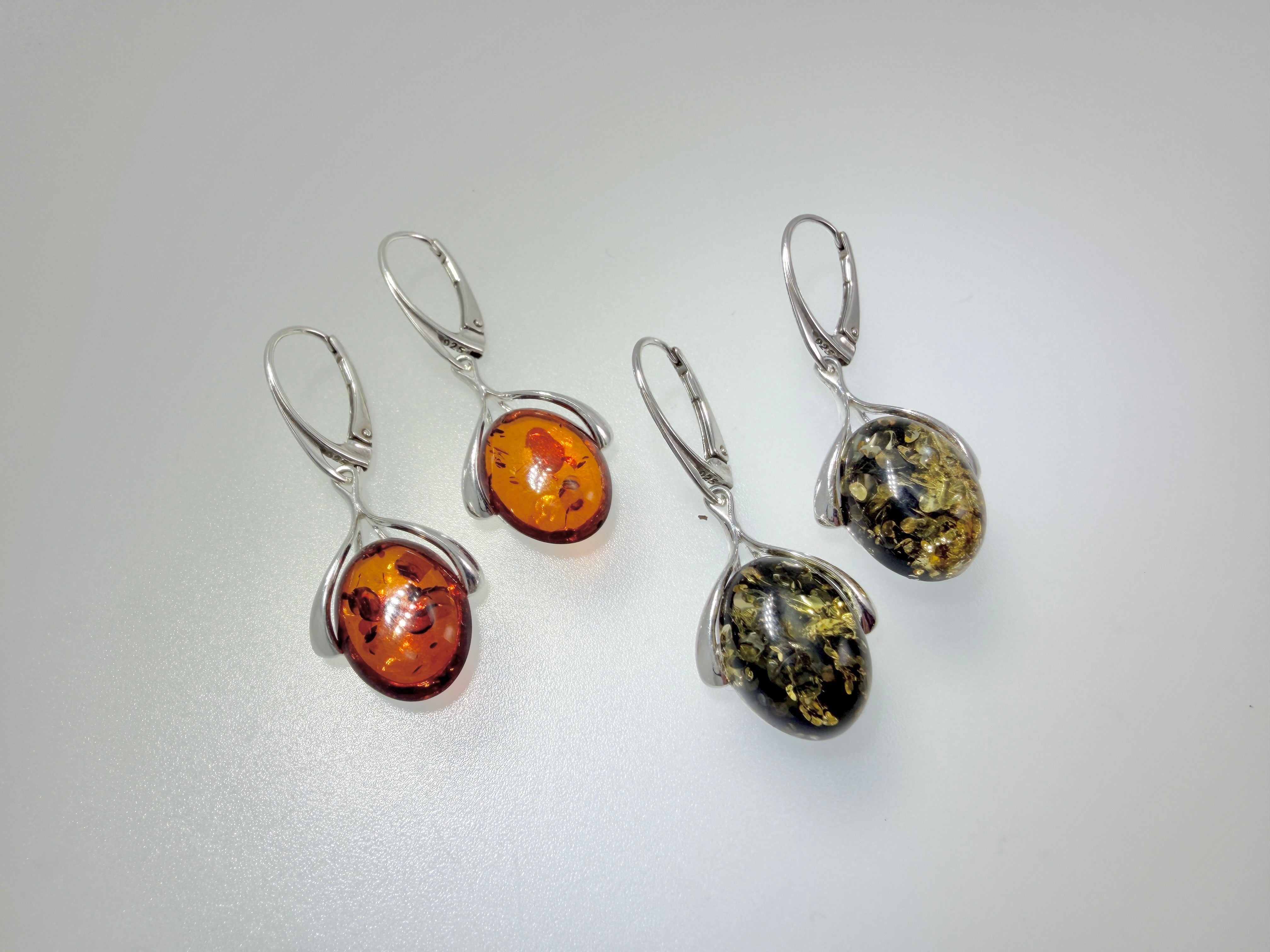 Sterling Silver Baltic Amber Star & Ribbon Drop Lever Back Earrings | Cognac or Green Amber | Elegant Lightweight Dangle Jewelry
