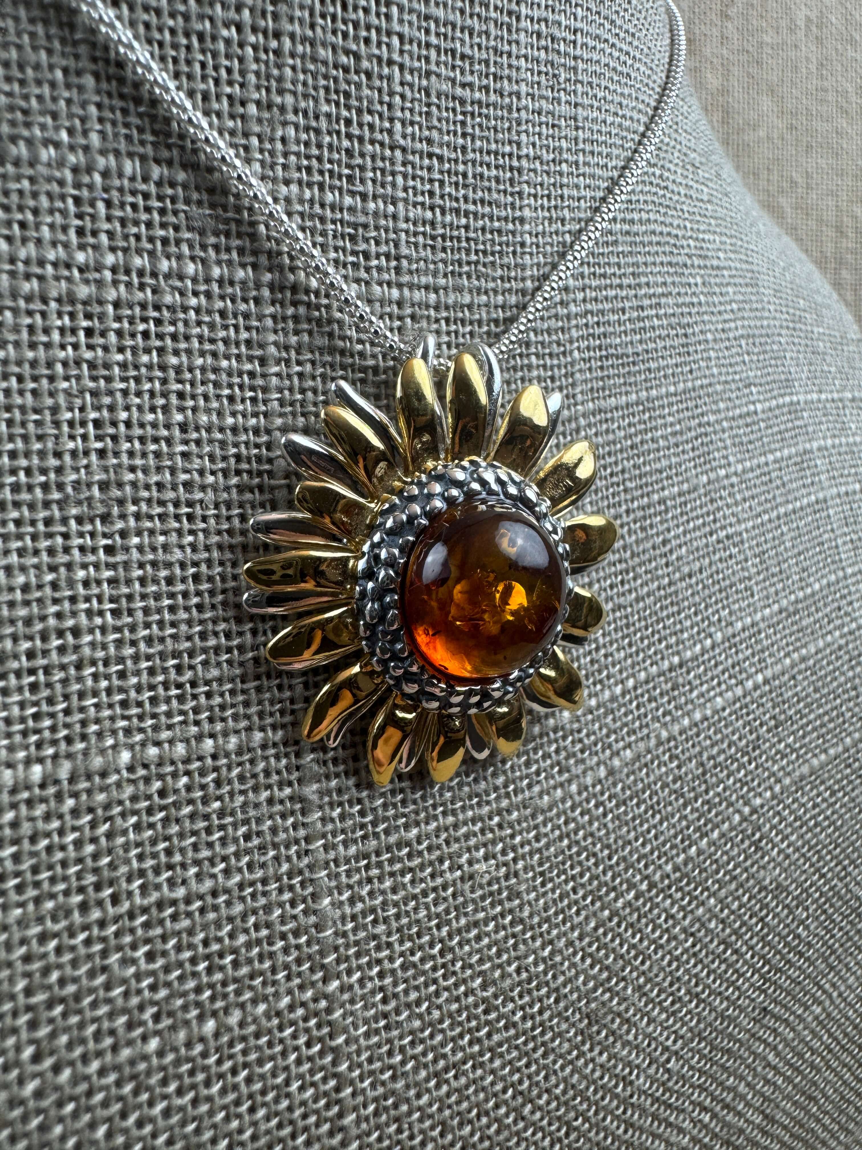 Sterling Silver & Genuine Baltic Amber Sunflower Pendant – Handmade in Poland