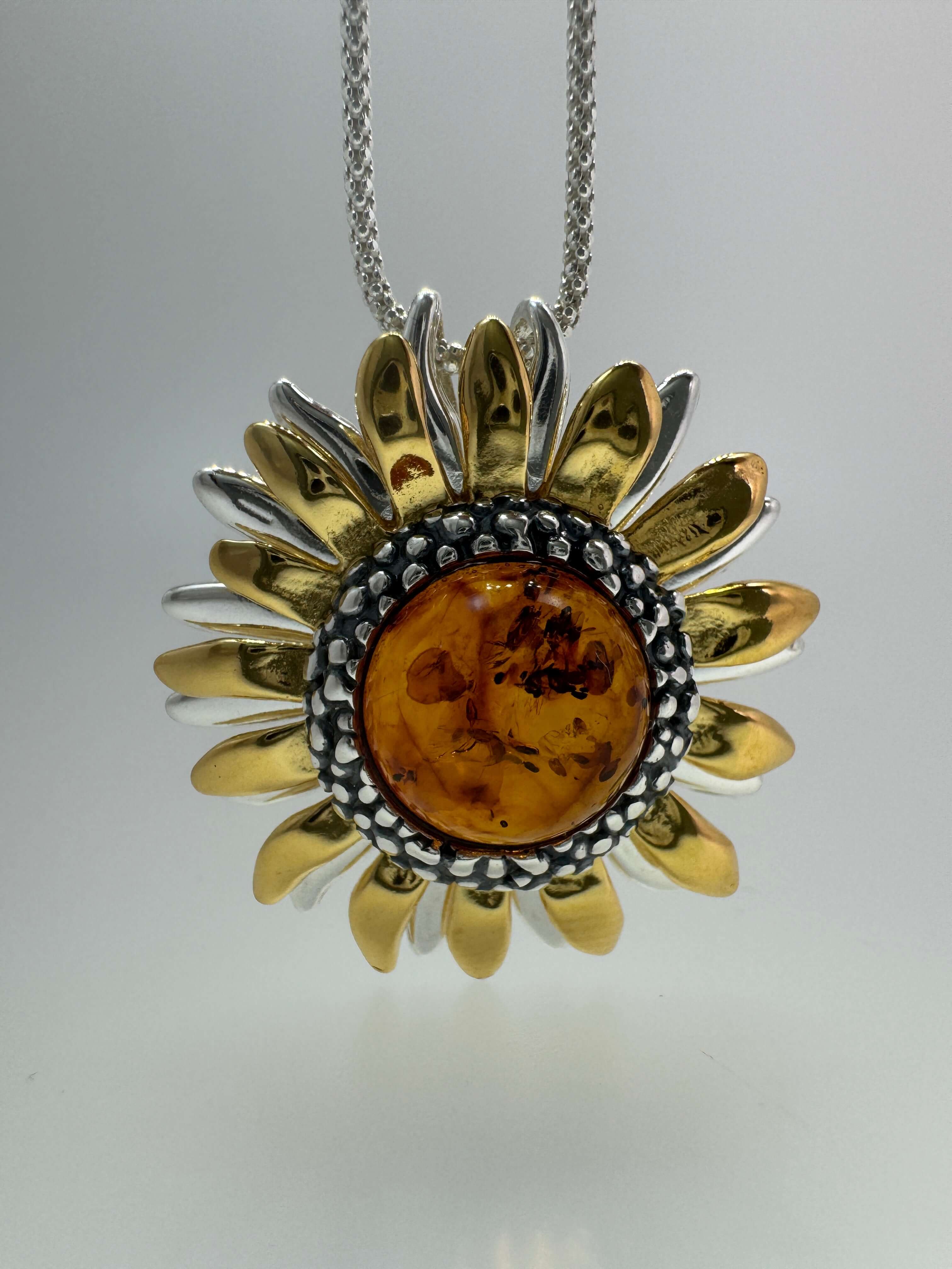 Sterling Silver & Genuine Baltic Amber Sunflower Pendant – Handmade in Poland
