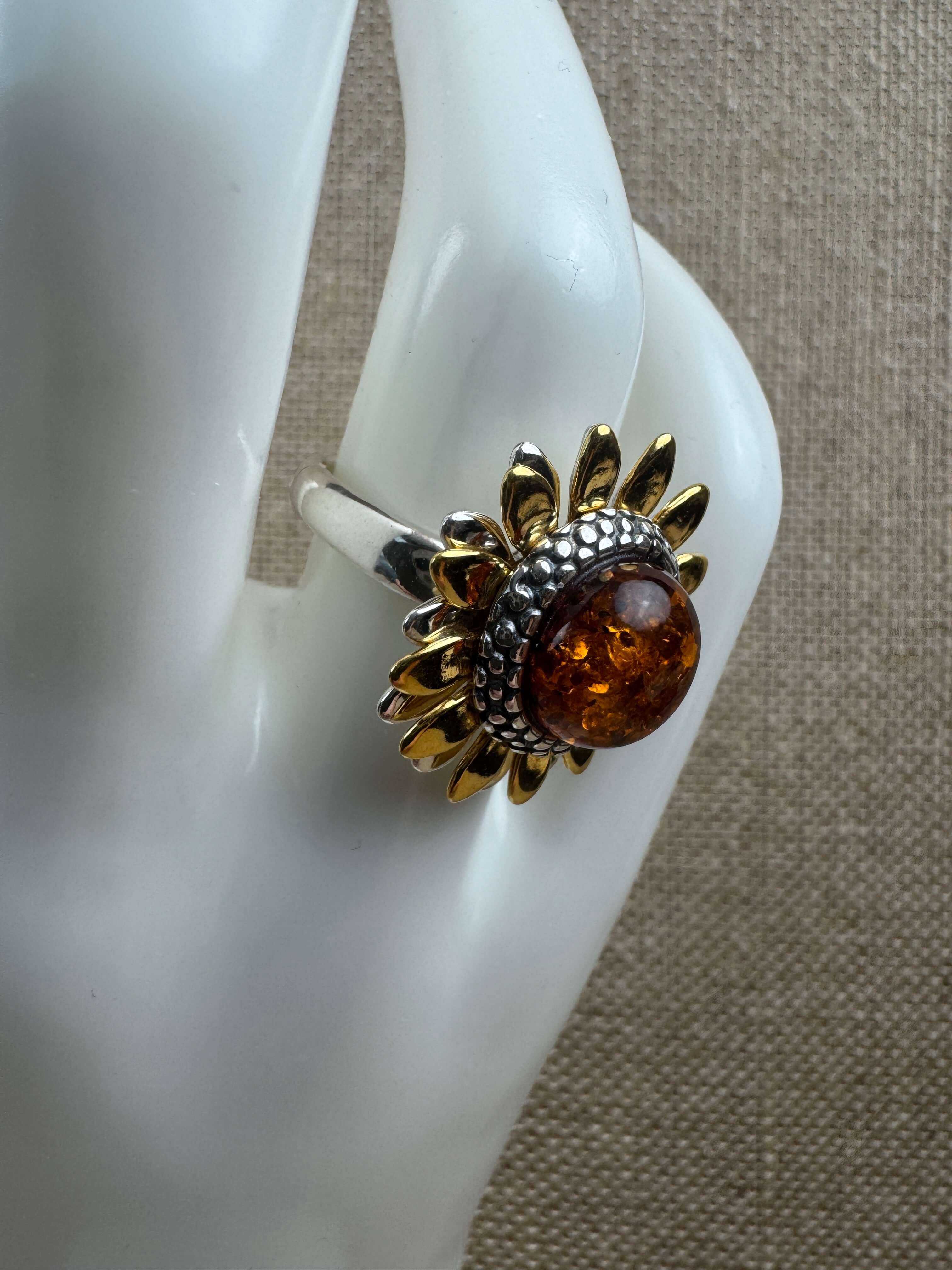 Sterling Silver & Genuine Baltic Amber Sunflower Ring – Handmade in Poland