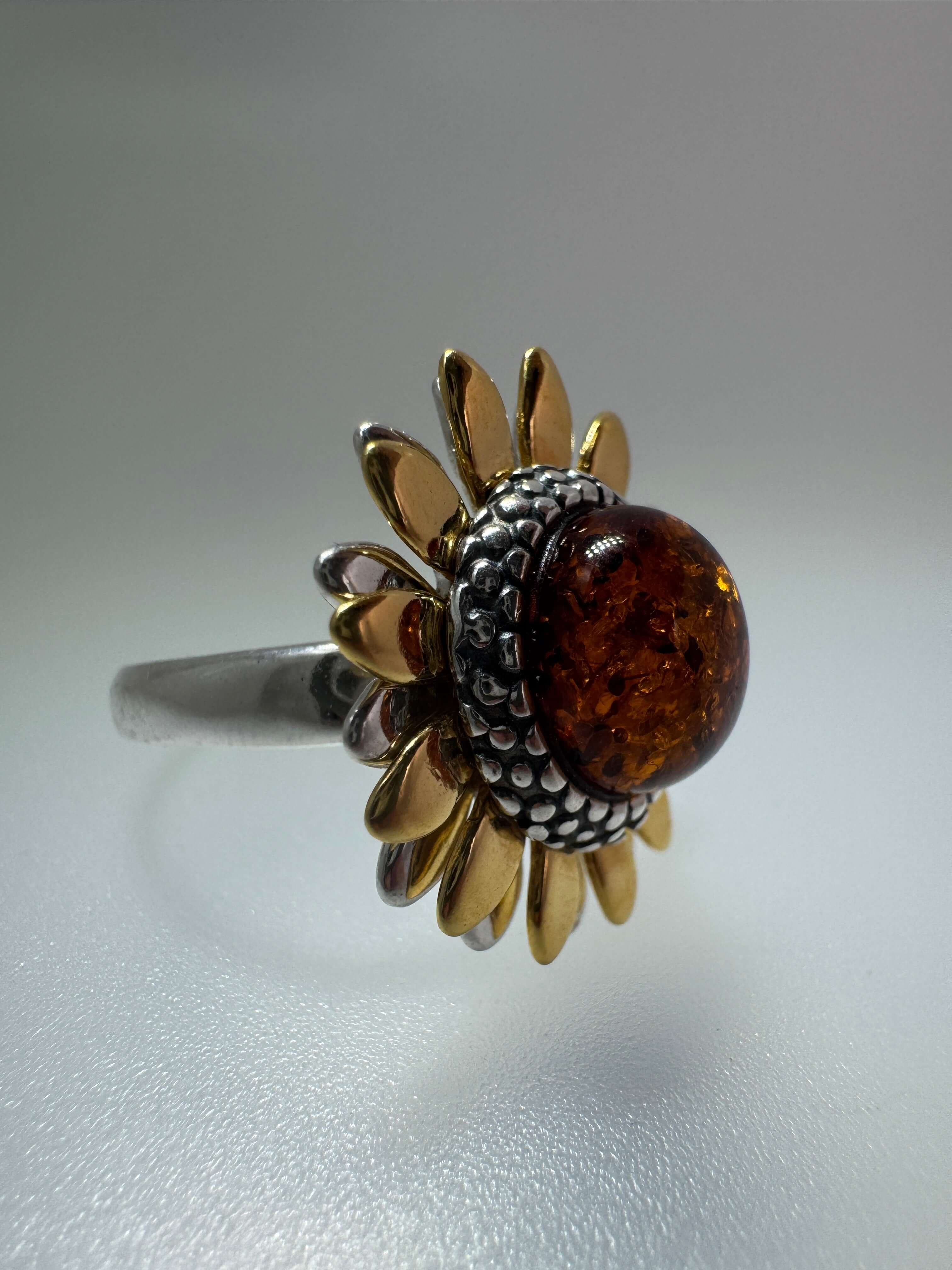 Sterling Silver & Genuine Baltic Amber Sunflower Ring – Handmade in Poland