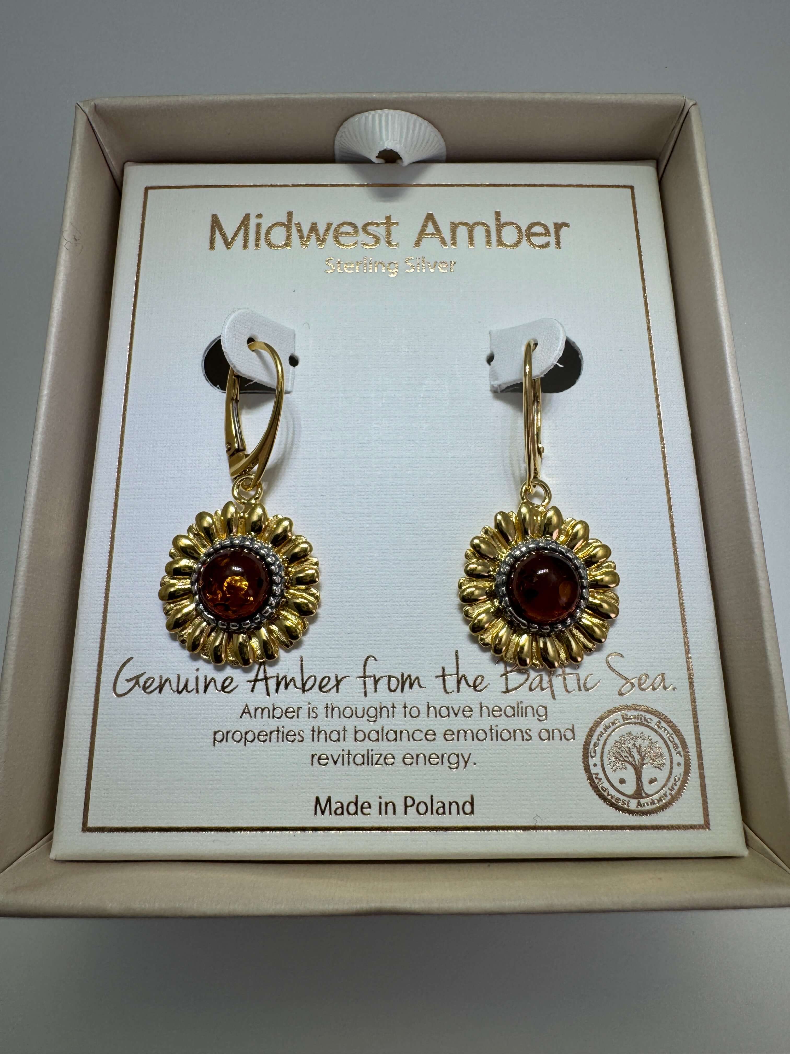 Handmade Sterling Silver Baltic Amber Sunflower Earrings – Pick Your Style - Leverback, English Lock or Post - Matching Set Available