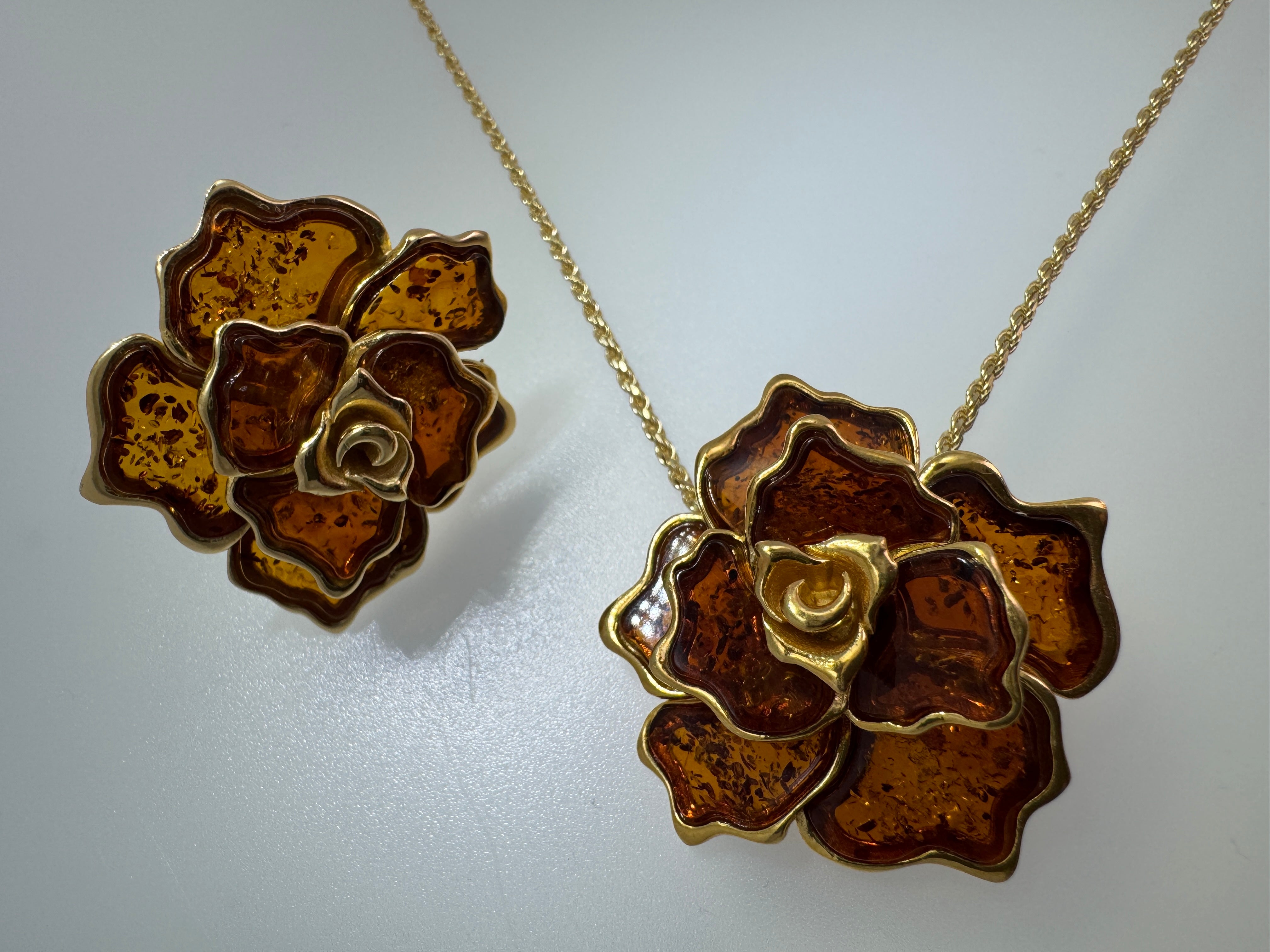 Hand Carved Cognac Baltic Amber Flower Rose Ring in Gold Plated Sterling Silver – Statement Floral Jewelry