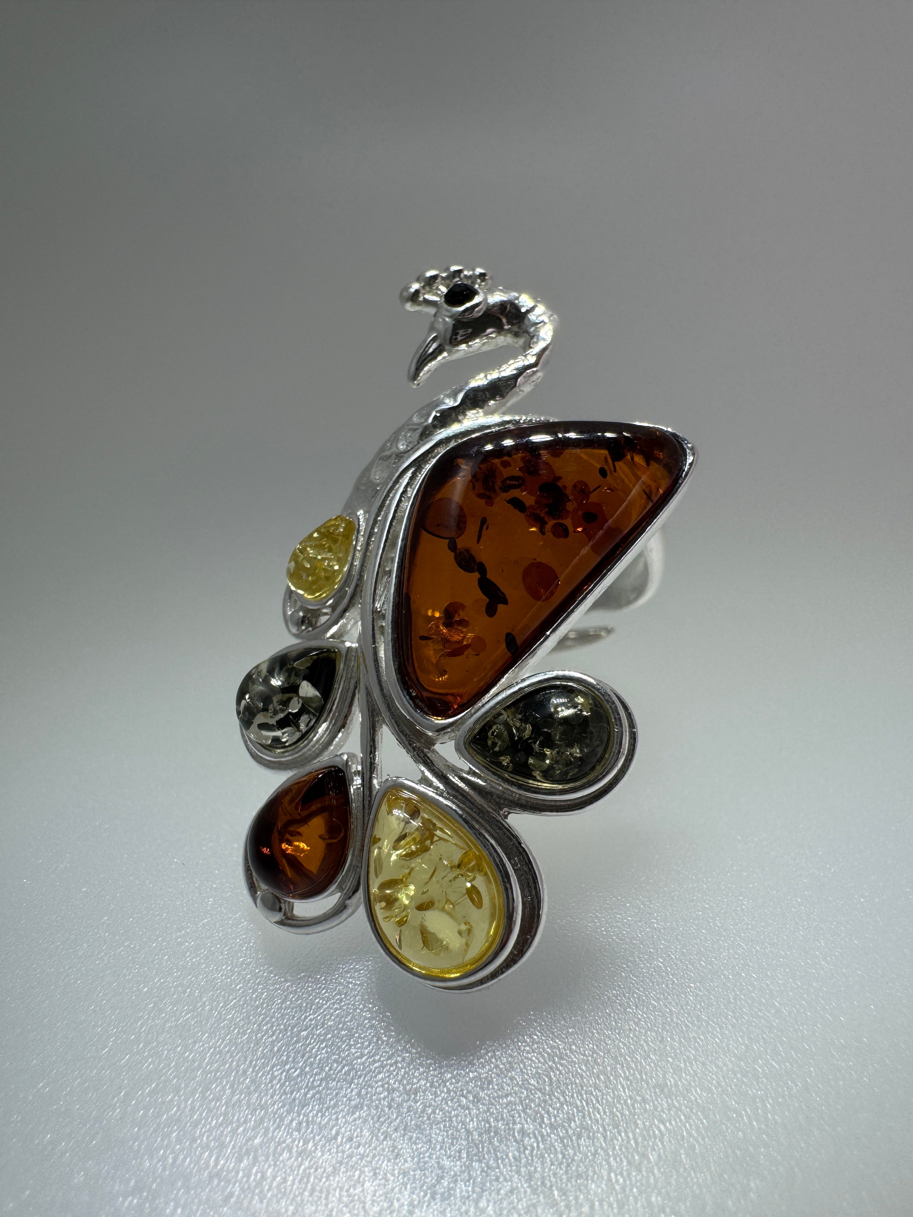 Sterling Silver Multicolor Baltic Amber Peacock Cocktail Ring - Adjustable Open Shank