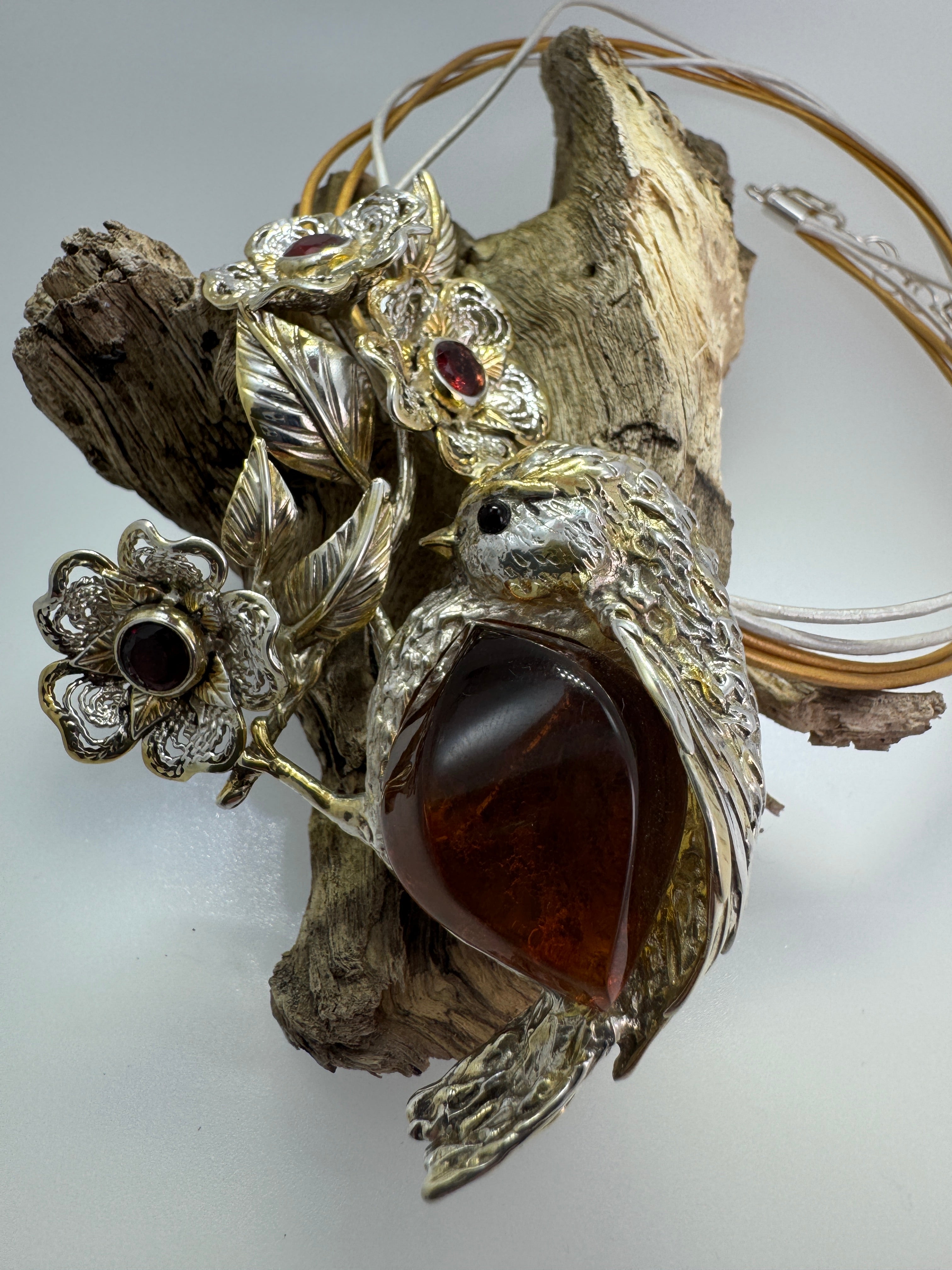Genuine Baltic Amber Bird Brooch & Necklace – Artisan Handmade Statement Jewelry