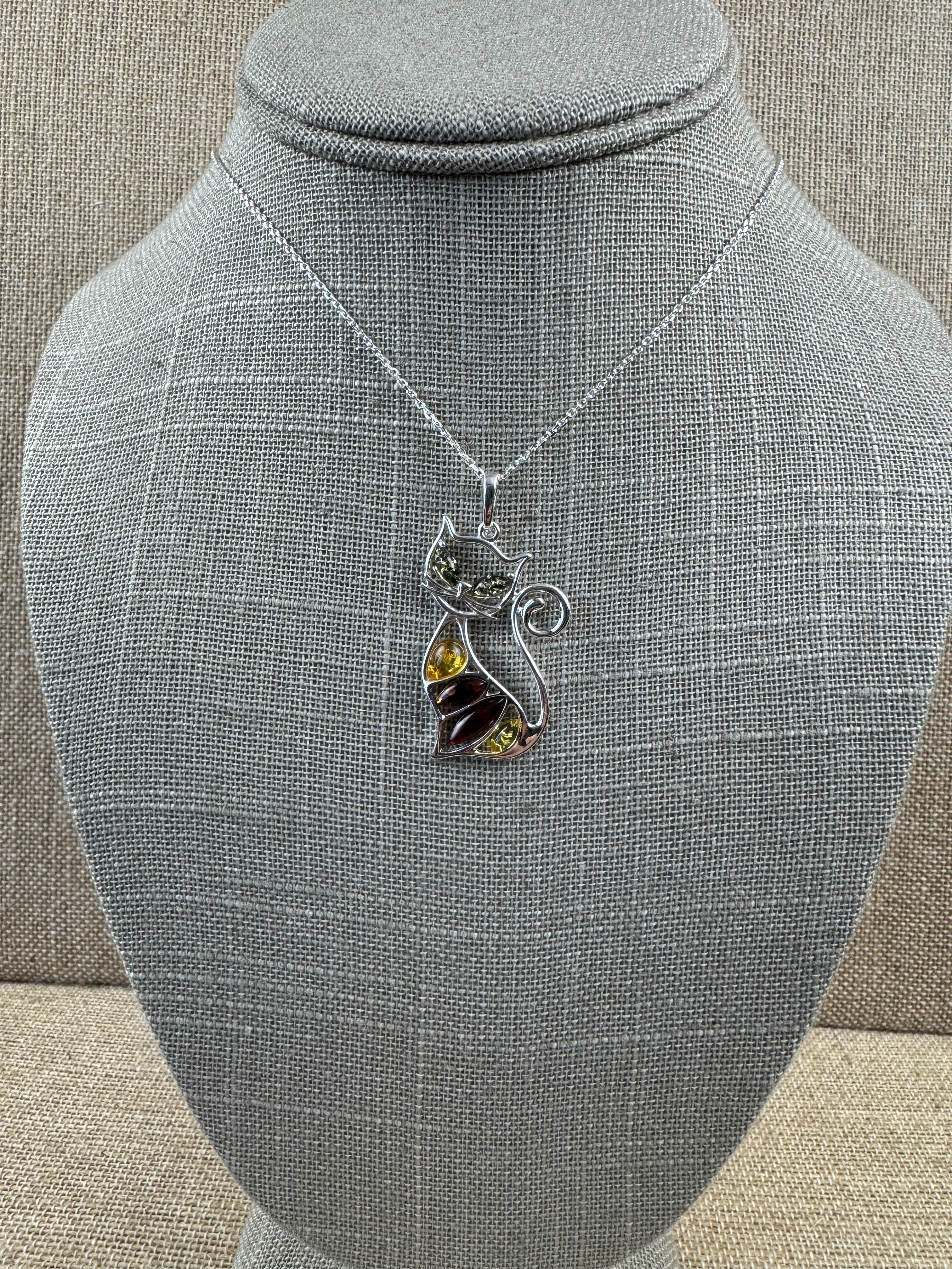 Whimsical Sterling Silver Multicolor Baltic Amber Cat Pendant – Cute Kitty Necklace Handmade in Poland